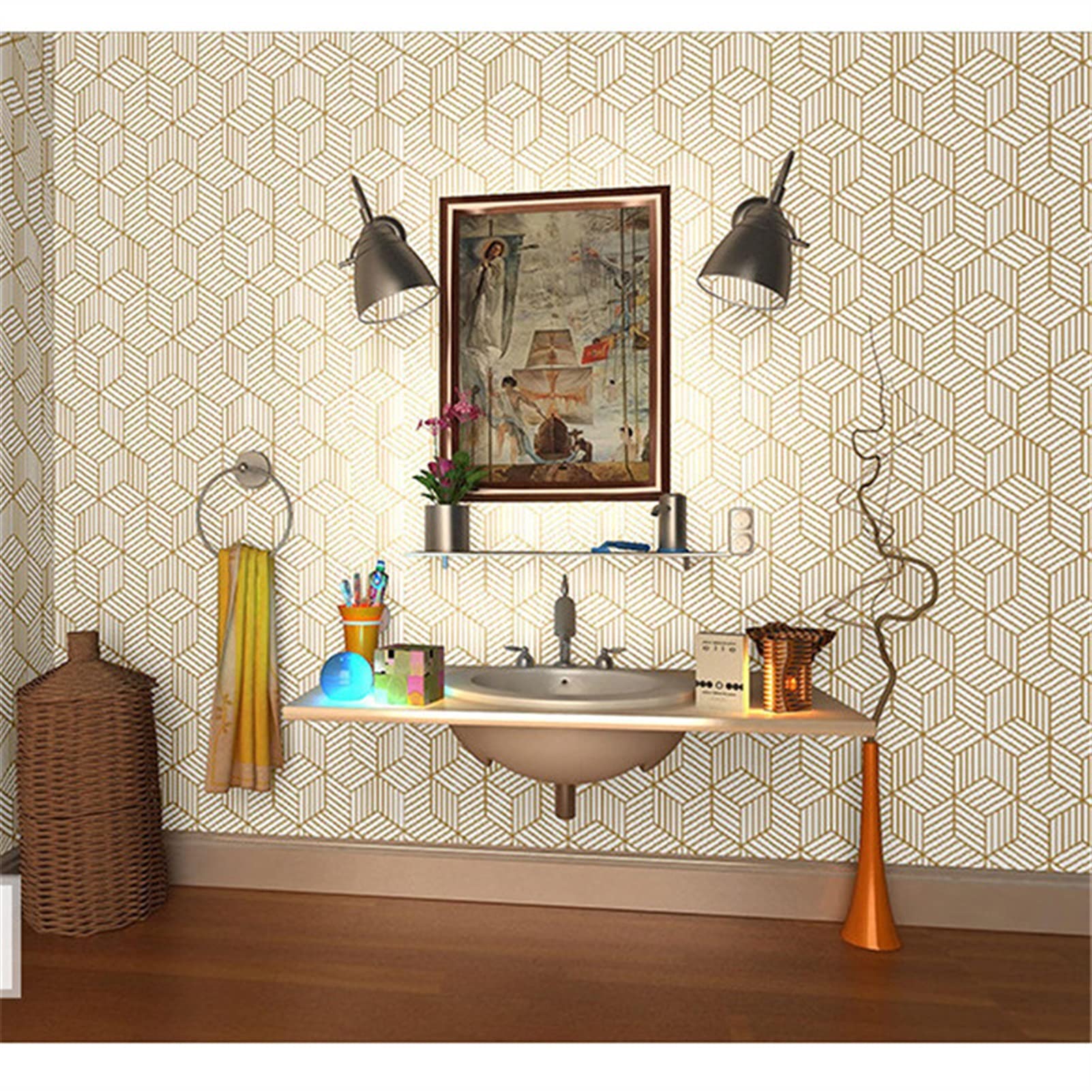Pegatinas de Pared Línea de oro figura geométrica sólida pegatina auto adhesiva vinilo papel tapiz de papel decoración de papel de pared pelada y palo Decoración de la casa Adhesivos Pared