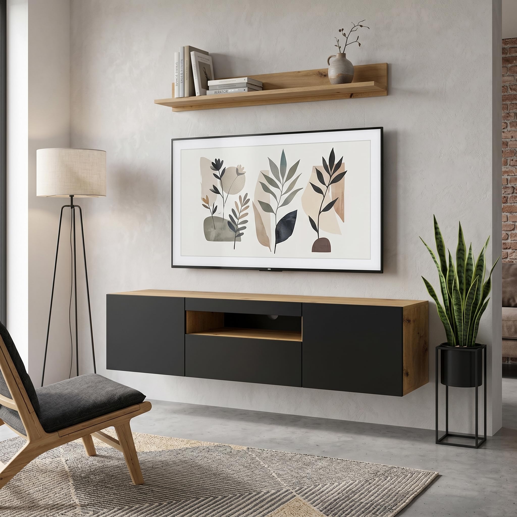 BIM Furniture Szafka pod telewizor Aura 150 cm, wisząca lub stojąca, uniwersalna szafka pod telewizor, stolik hi-fi, wisząca szafka (dąb Artisan i czarny mat, bez LED)