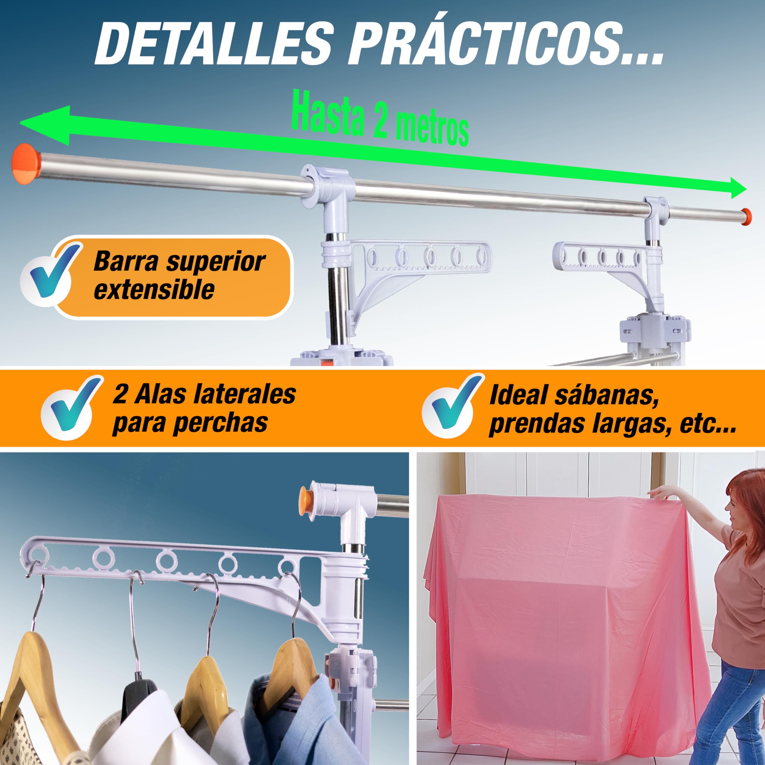 Tendedero Vertical Plegable INNOVA 3 Niveles, 6 Alas plegables, 24 Barras, 2 Soportes (hasta 14 Perchas), 36 Ganchos integrados. Ruedas 360º con bloqueo. Hasta 40kg ropa/17m de tendido (4 Niveles)