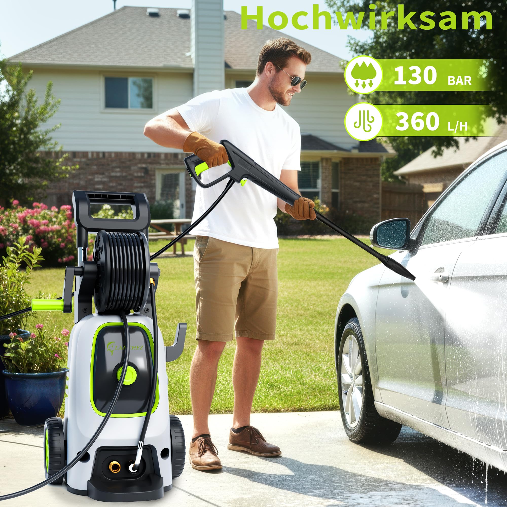 Hochdruckreiniger 120 bar 360 L/h, 7-in-1 Zubehör Set mit 500 ml Schaumsprüher, Schnellkupplungen, Schnellanschlussdüsen, Terrassenbürste – ideal für Auto, Terrasse, Garten, Fassade & Gehwege