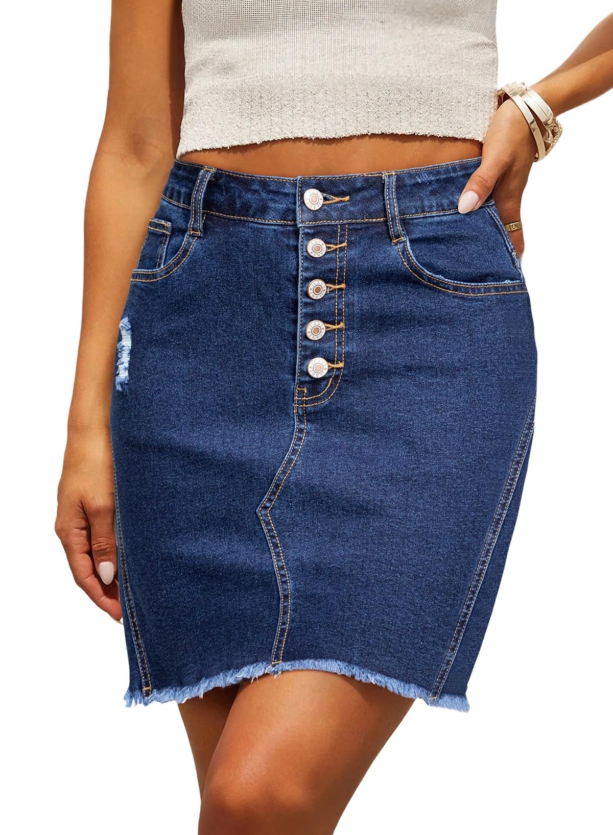 Sidefeel Womens Jean Skirt Stretchy Ripped Frayed Button Fly Summer Denim Skirt