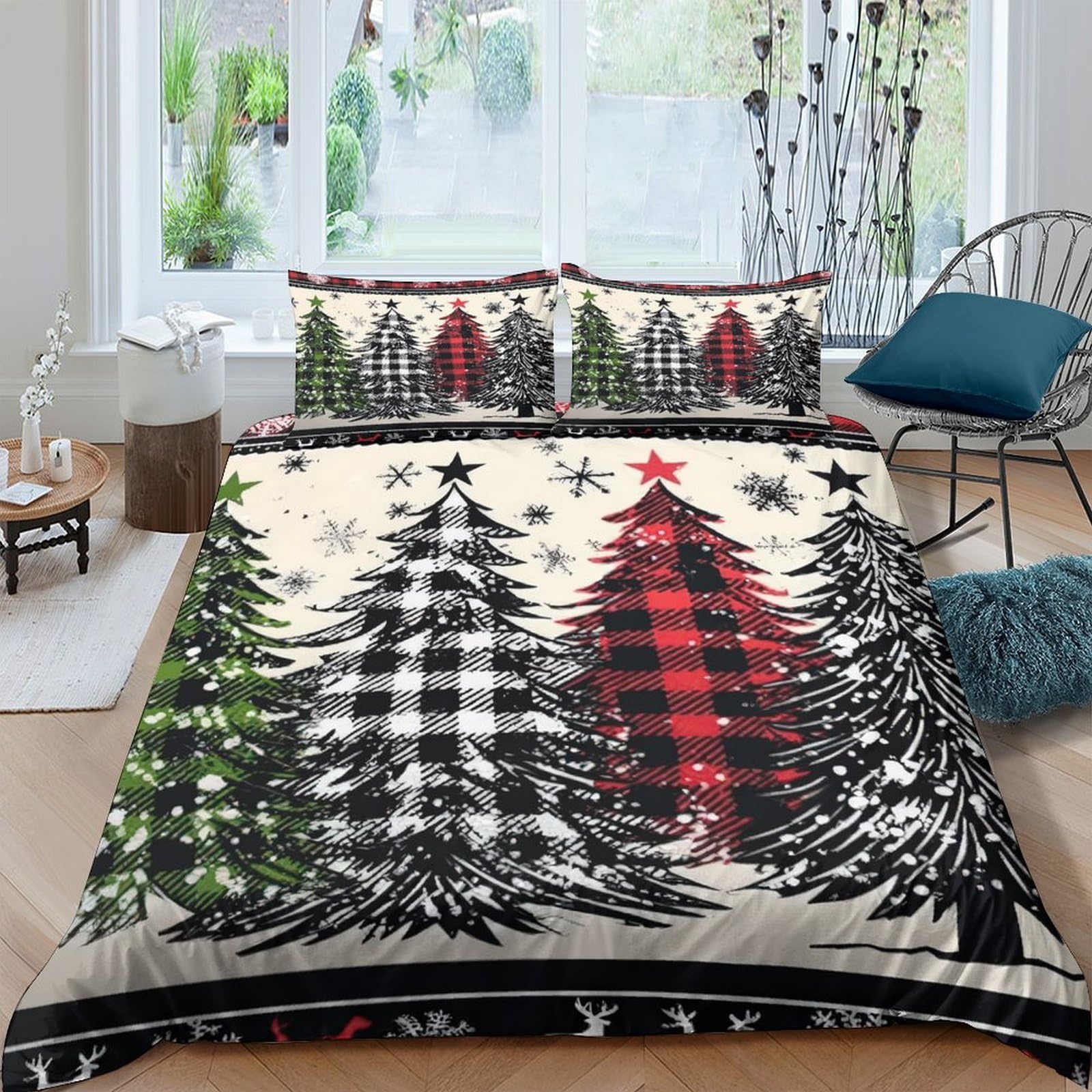 Ctjqhvkz Style-9 3D Printed Christmas Tree Fitted Sheet Microfiber Checkered Pine Forest Bed Cover For Bedroom Guest Room Decor Single（135X200cm）