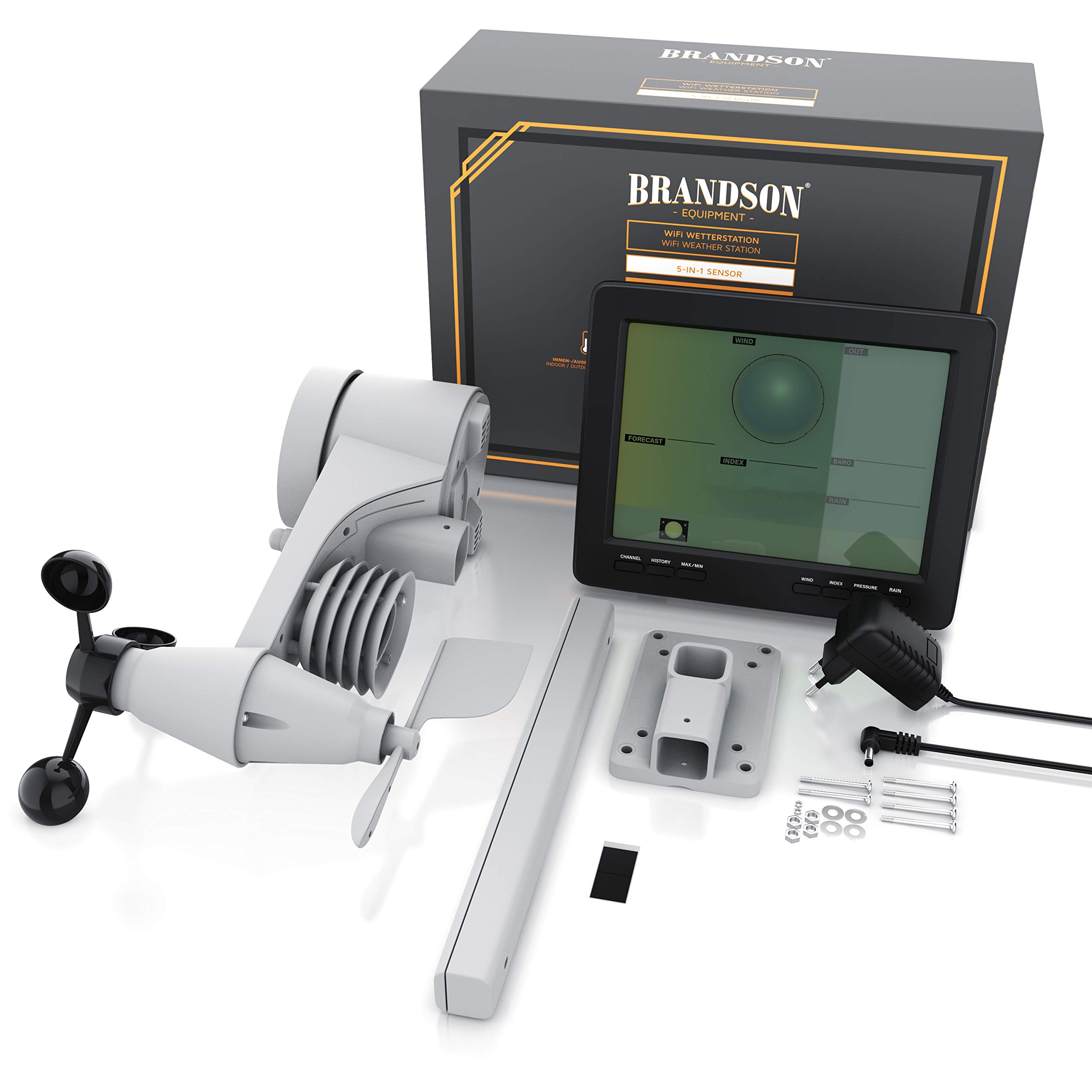 Brandson - Wetterstation Wlan mit Außensensor 5 in 1 – Funk - Wetterdaten per App WiFi - Wettervorhersage - Innen und Außentemperatur – Windmesser und Regensensor - Windrichtung - LCD Farbdispay