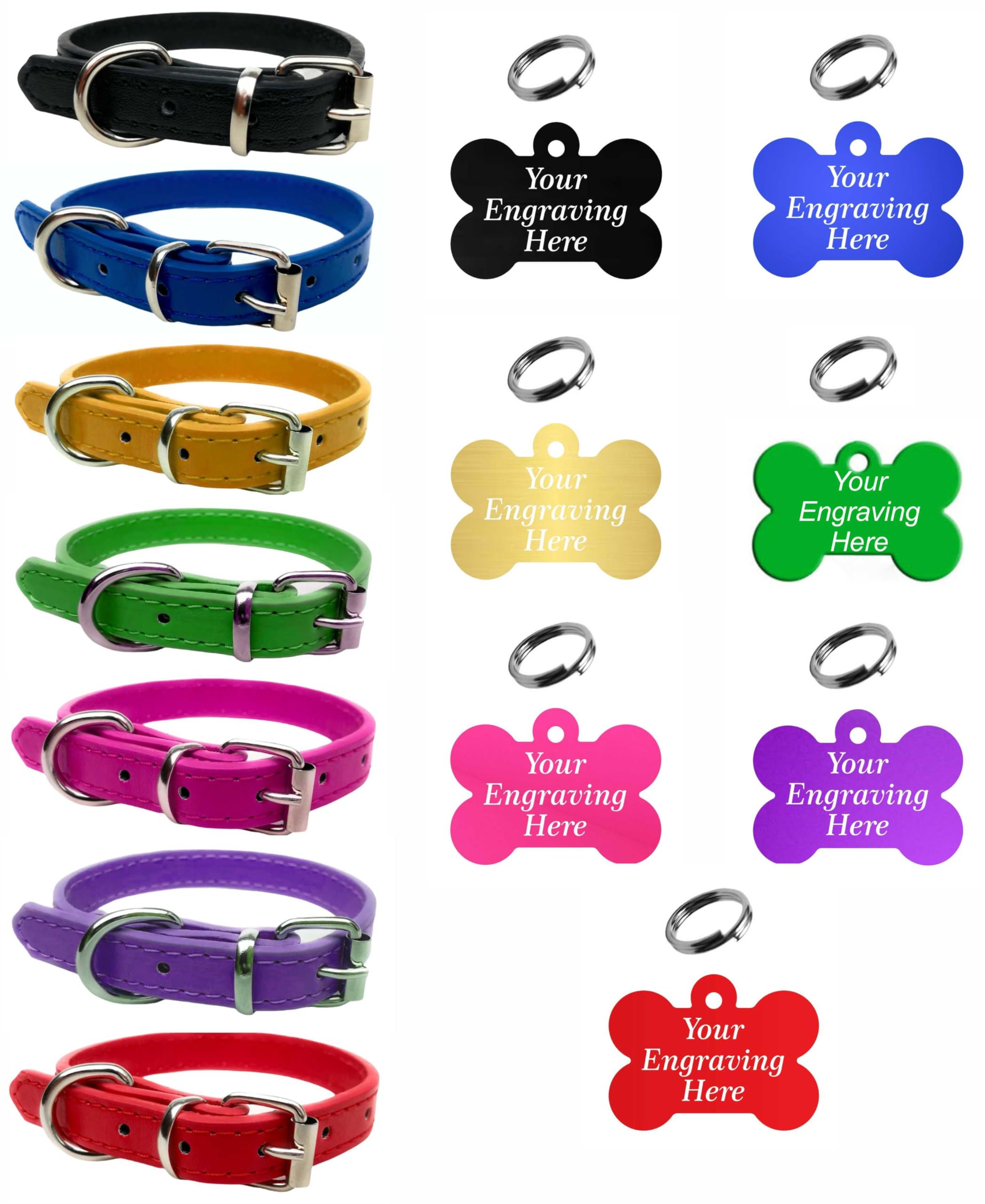 Vibrant Leather Dog Collar for Puppy, Dogs Small, Medium & Large With Personalised Engraved Colourful Bone Shaped Tag (X-Small (20cm - 26cm Neck), Gold)