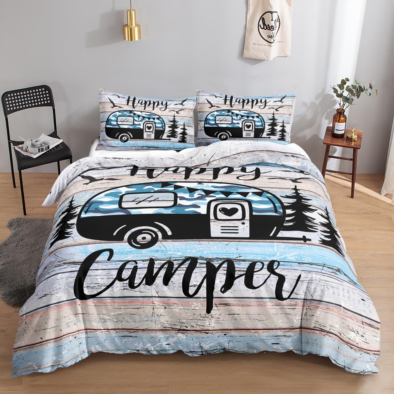 HOSIMA Set di biancheria da letto Felice Camper, 135 x 200 cm, grigio, Happy Camper, 1 copripiumino, 1 federa con cerniera, adatto per bambini, ragazzi e adulti