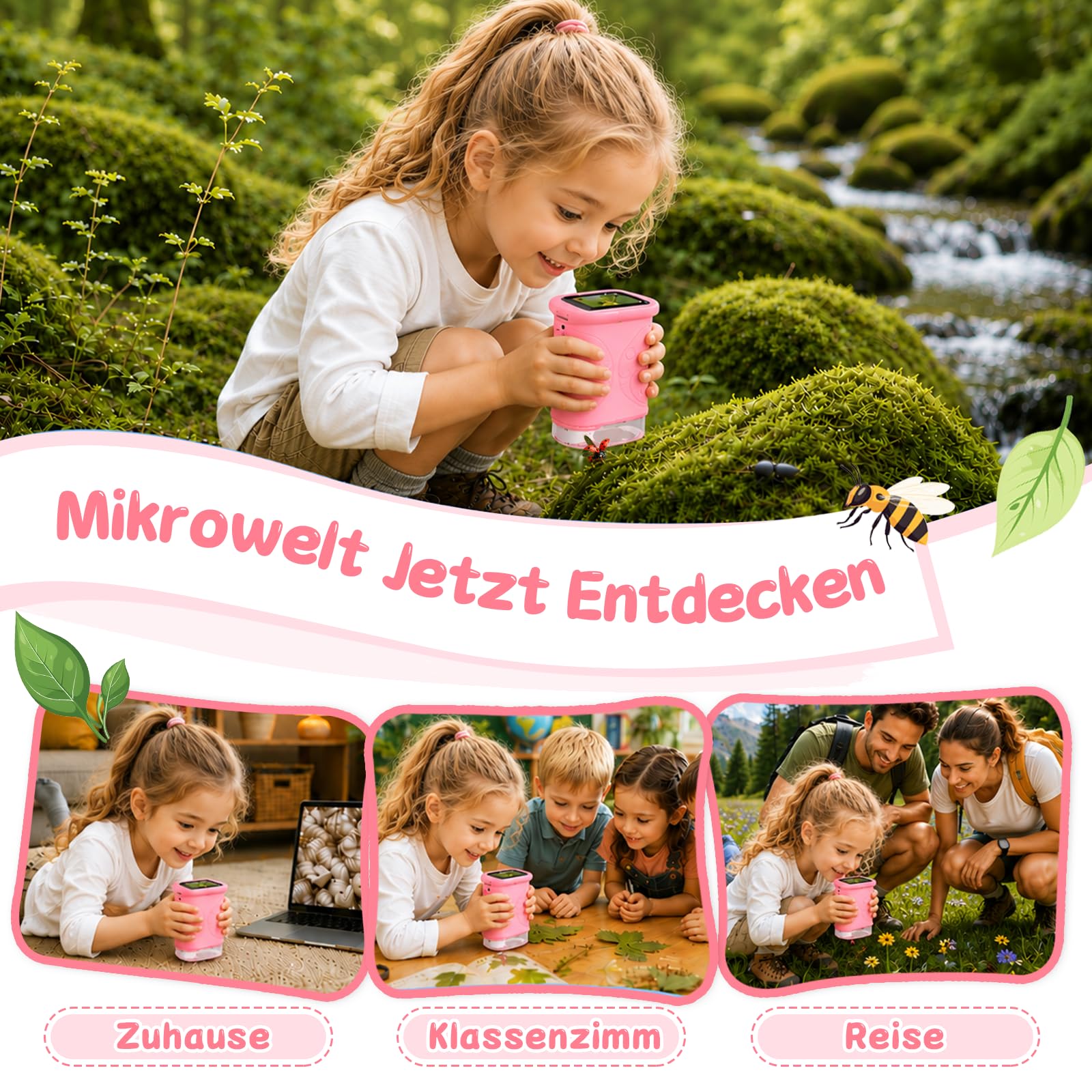 Digitales Mikroskop für Kinder 1000X, Abenteurer Mikroskop für Kinder mit 2 Zoll HD-Bildschirm, 8 LED-Leuchten, Foto- & Videofunktion, Wissenschaftsspielzeug Geschenk für Jungen Mädchen (Rosa)