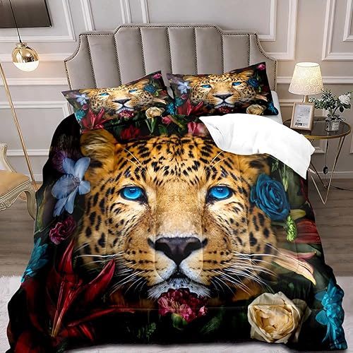 LUVIVIHOME Juego de edredón de leopardo de 3 piezas, tamaño Queen, diseño de animales salvajes safari, color azul y rosa, decoración de dormitorio