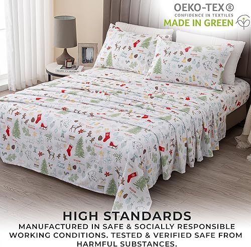 Miniatura 6 de Great Bay Home Juego de sábanas de Navidad de franela de algodón turco 100 %, bajera con gran caída lateral, suaves, para tener una cama cálida,