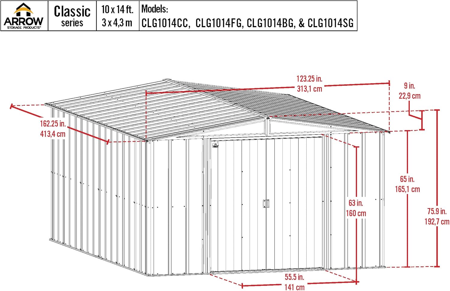 Arrow Classic Steel Storage Shed, 10x14, Blue Grey