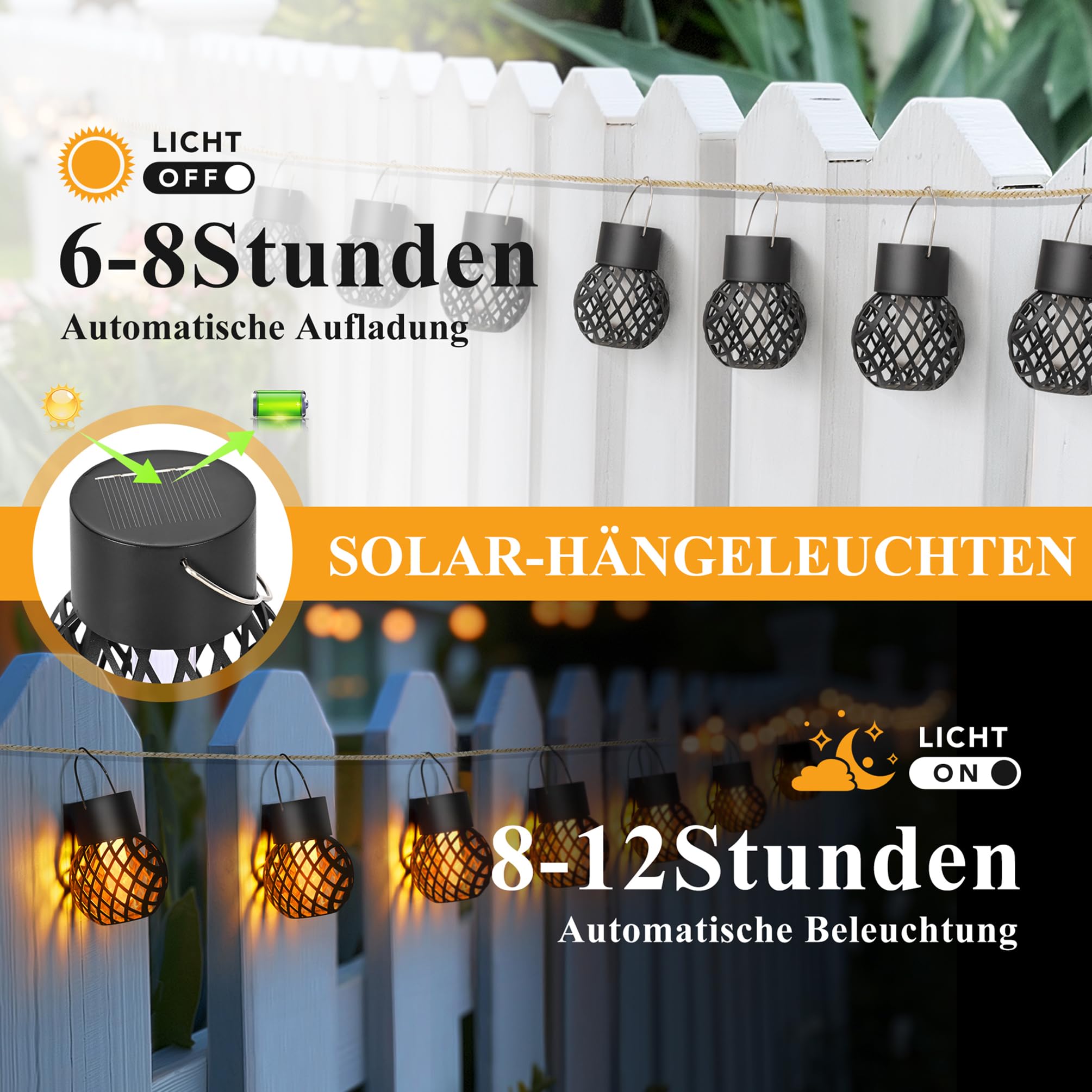 GIGALUMI Solar Hängeleuchte für außen, 12 Stück flackernder Flamme Solarleuchten für Garten,Wasserdicht für Garten, Hof, Zaun, Baum