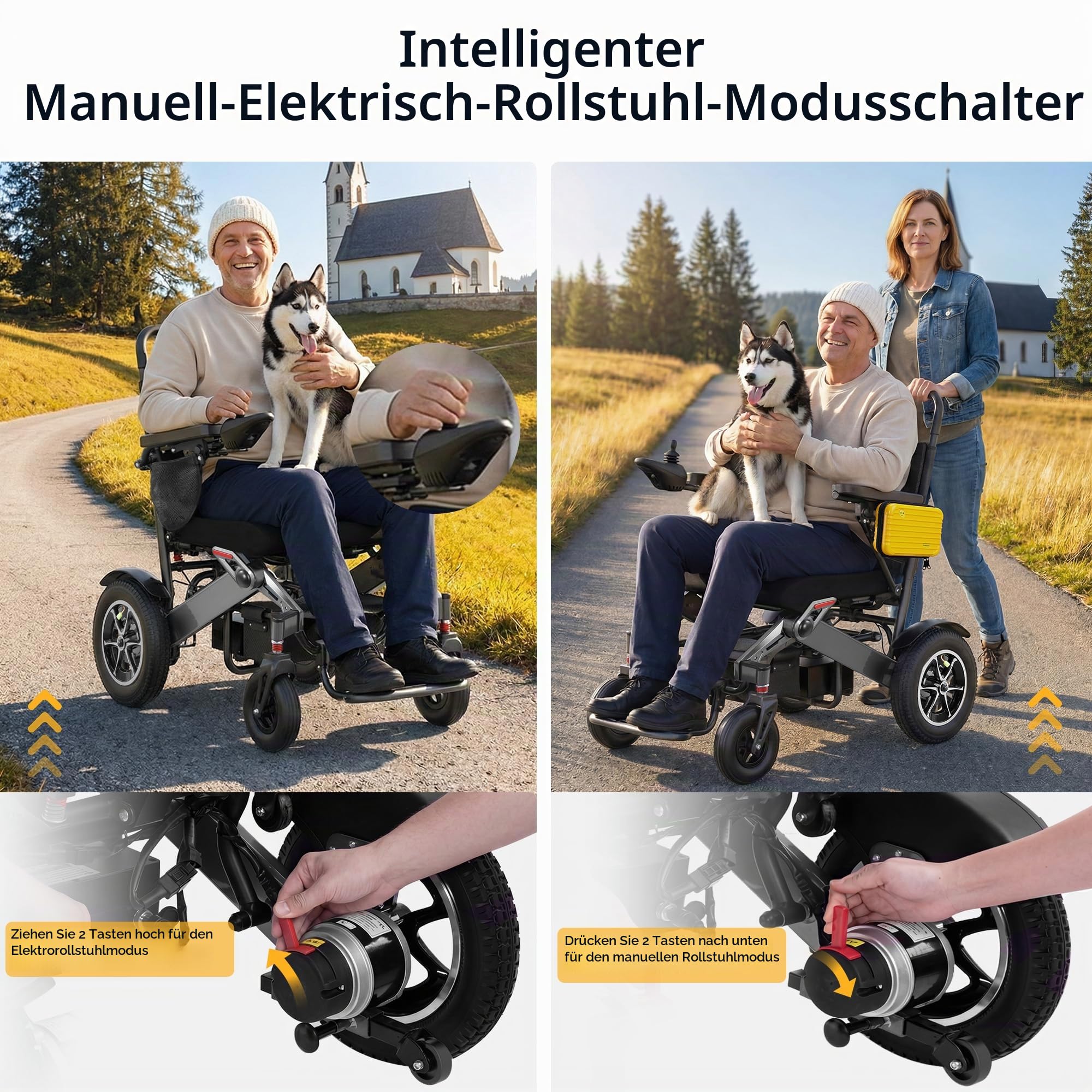 Elektrischer Rollstuhl Faltbar Leicht, 500W All-Terrain Elektrorollstuhl bis 180kg, 25Ah Premium Akku für 48km Reichweite, 13" Große Reifen Rollstuhl Elektrisch für Senioren & Autoreisen