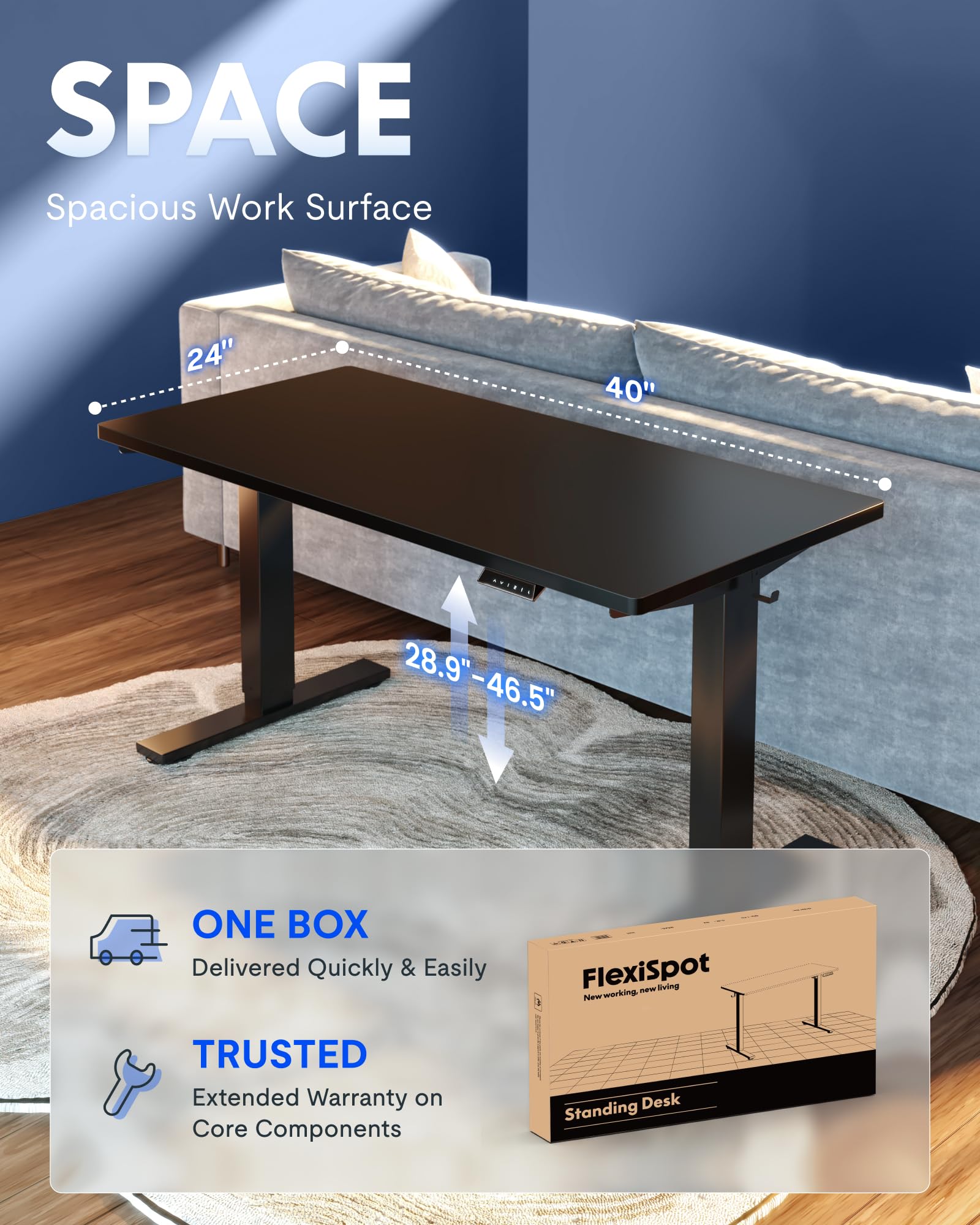 FLEXISPOT EN1 One-Piece Standing Desk, Electric Adjustable with 4 Memory Presets, 176 LBS Capacity, Stable & Quiet, Seamless Desktop for Home Office & Dual Monitors, 40"x24" Black view 5