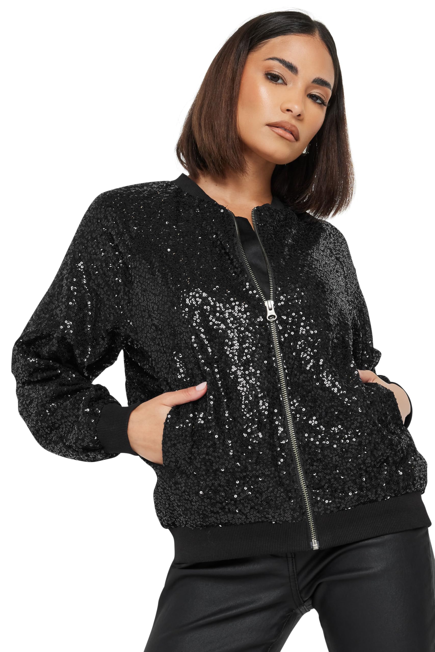 Pixiegirl Women's Black Petite Sequin Bomber Jacket Petite