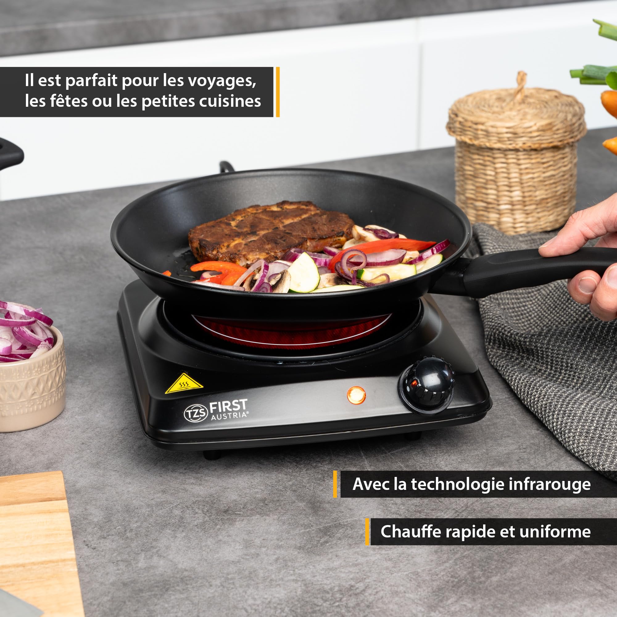 TZS First Austria - Plaque infrarouge 1200W - Ø 175 mm - Réchaud portable avec protection antisurchauffe & thermostat réglable - Plaque vitrocéramique pour tous types de casseroles