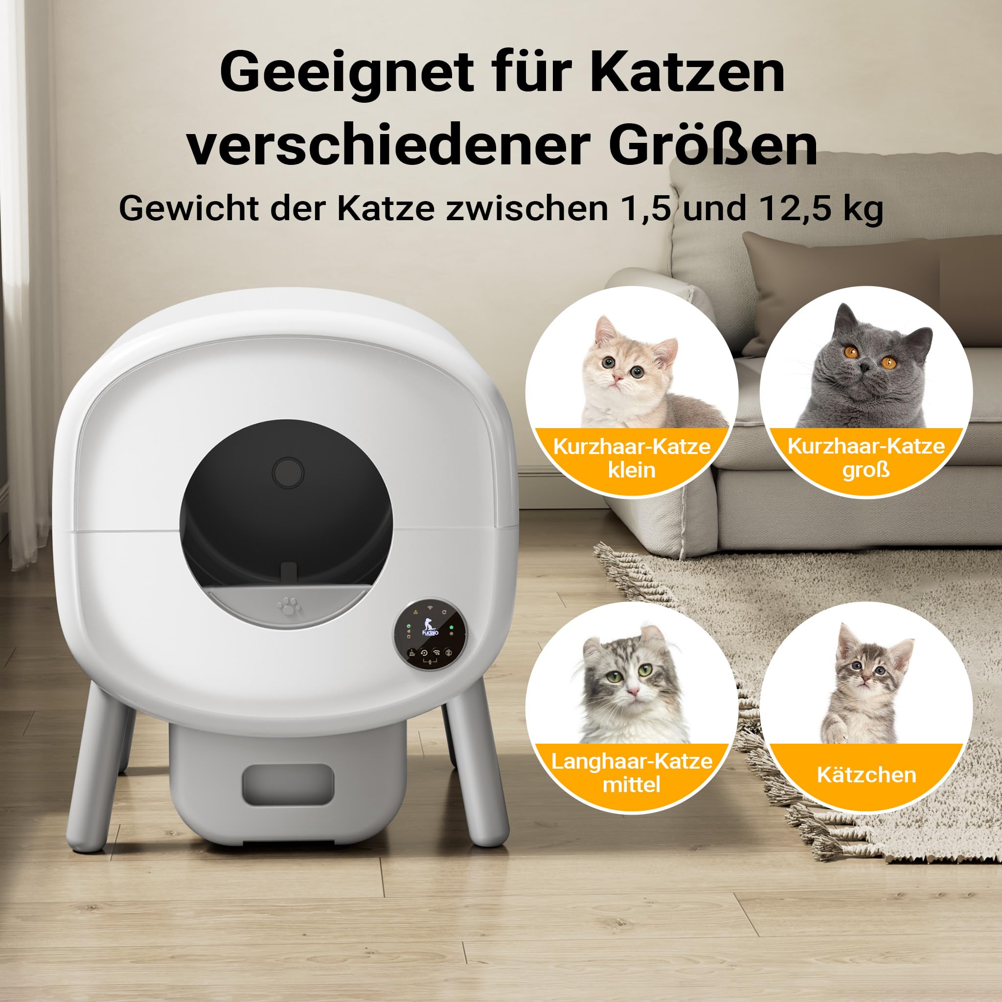 Fudajo Selbstreinigende Katzentoilette 76 L, Katzenklo automatisch 55 x 50 x 66,5 cm, elektrisches Katzen Klo mit App-Steuerung und USB-Anschluss