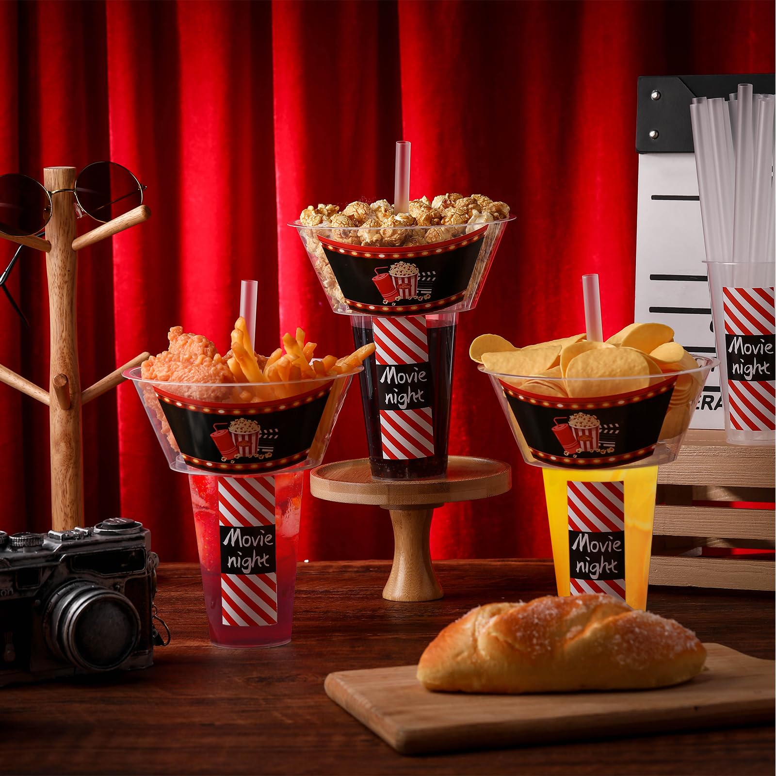 SiliFine 25 juegos de tazas de bebidas y aperitivos con pajitas, vasos desechables de plástico para estadio con soporte para aperitivos, tazas para aperitivos para papas fritas, pollo frito y frutas