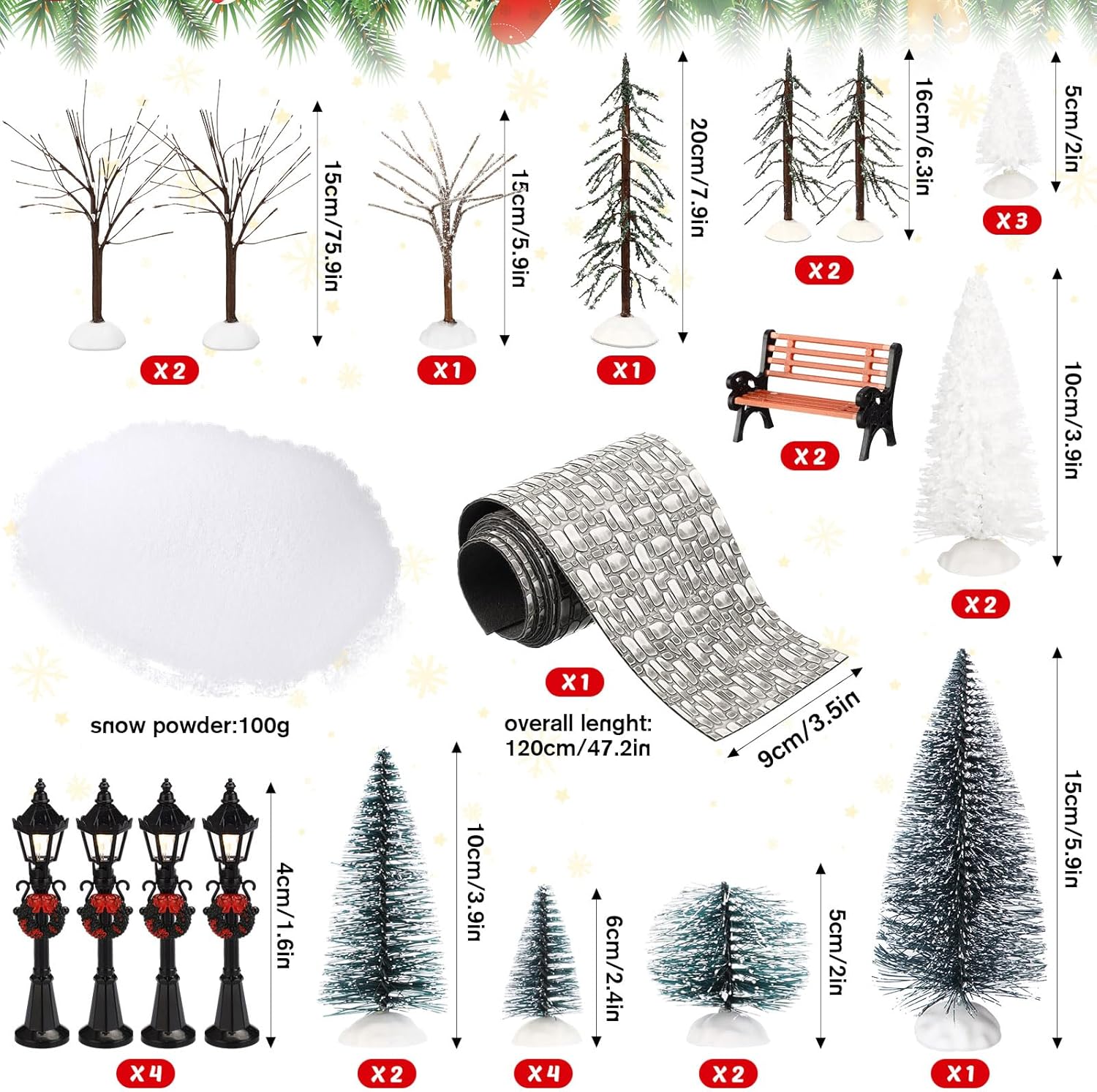 Hotop 28 Pcs Mini Artificial Christmas Village Tree Set Snow Christmas Pine Bare Branch Trees Xmas Street Lamp Post Miniature Park Bench Seat Cobblestone Street for Decoration(Stylish)