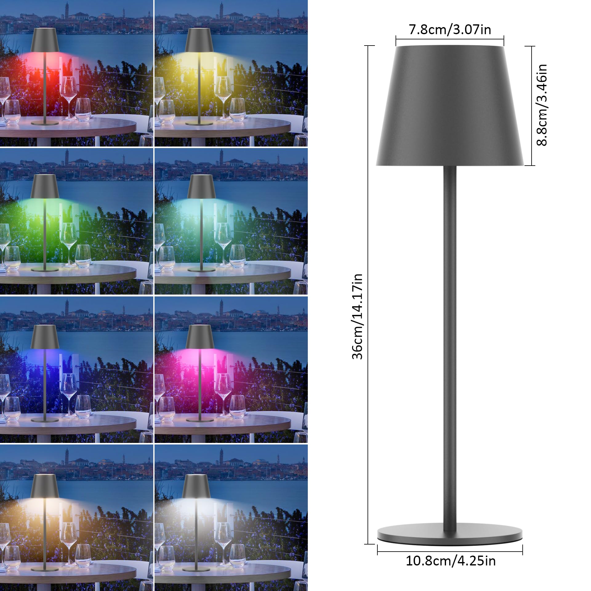 Aipsun Dimmbare LED Akku Tischlampe 36.5cm, Dunkelgrau, 2 Stück | Wiederaufladbar Warmweiß 3000K Tischleuchte & 8 RGB Farben Für Camping, Bar, Schlafzimmer, Restaurants, Aluminium, IP54