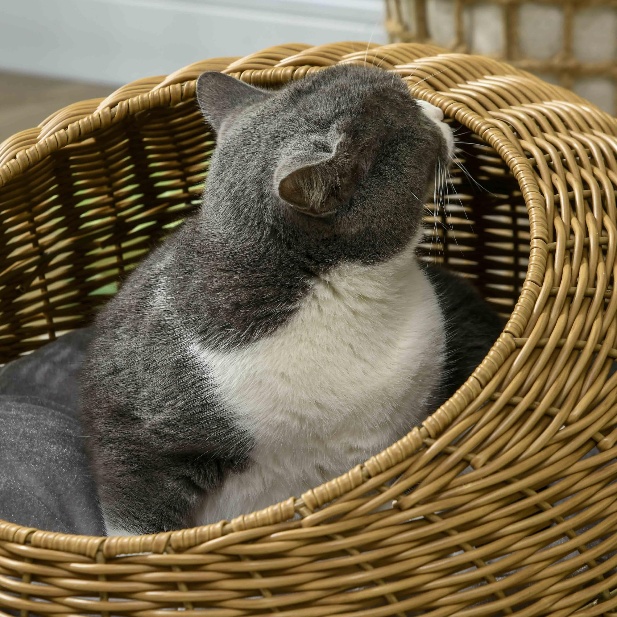 PawHut Niche pour Chat lit pour Chat Panier de Chat en résine tressée Imitation rotin Coussin Doux déhoussable Ø 50 x 31H cm Marron Clair