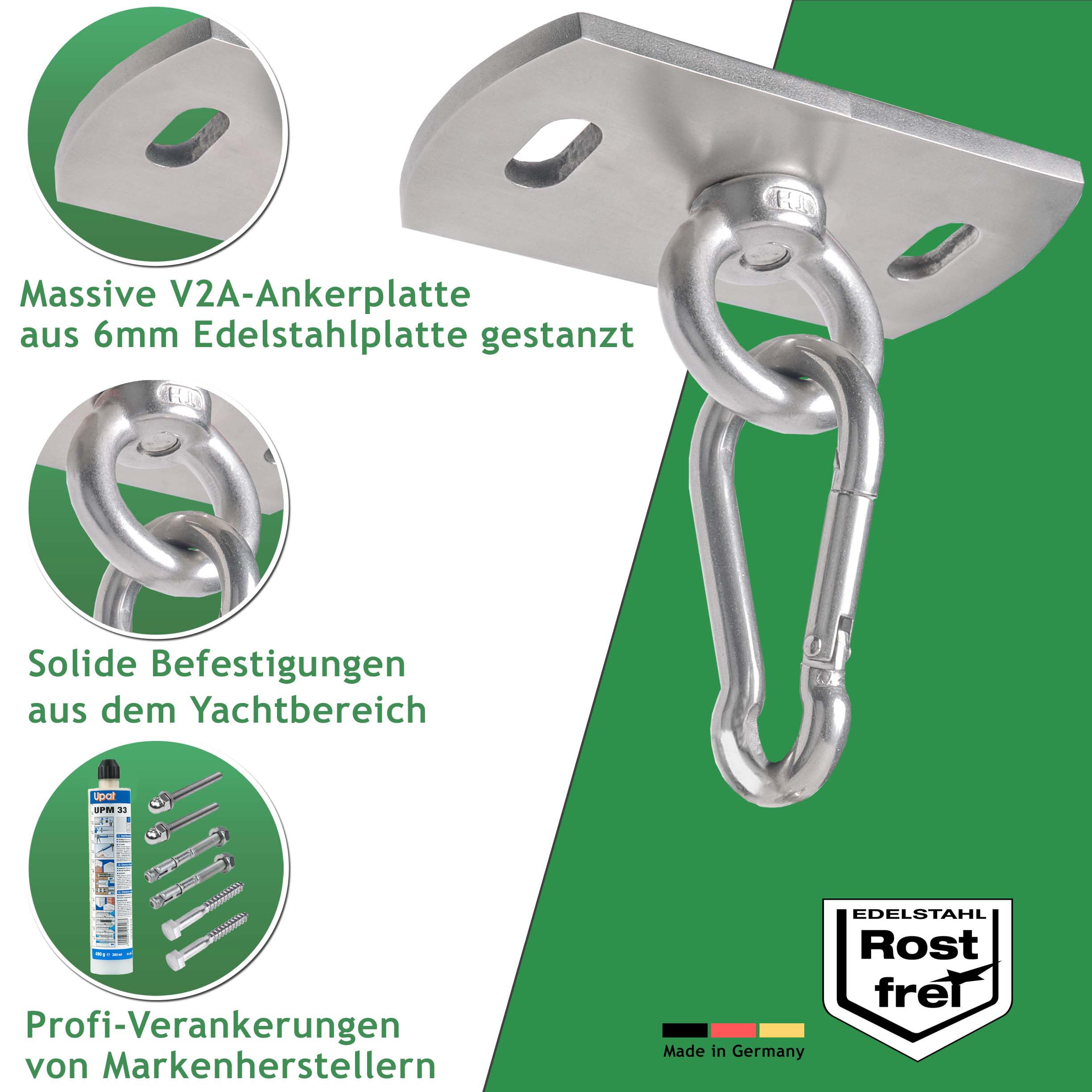 Boxsack Deckenhalterung aus V2A Edelstahl - Profi Befestigung mit hoher Tragkraft für Boxsack Sling Trainer Yogatuch: (Beton-Set + Karabiner)