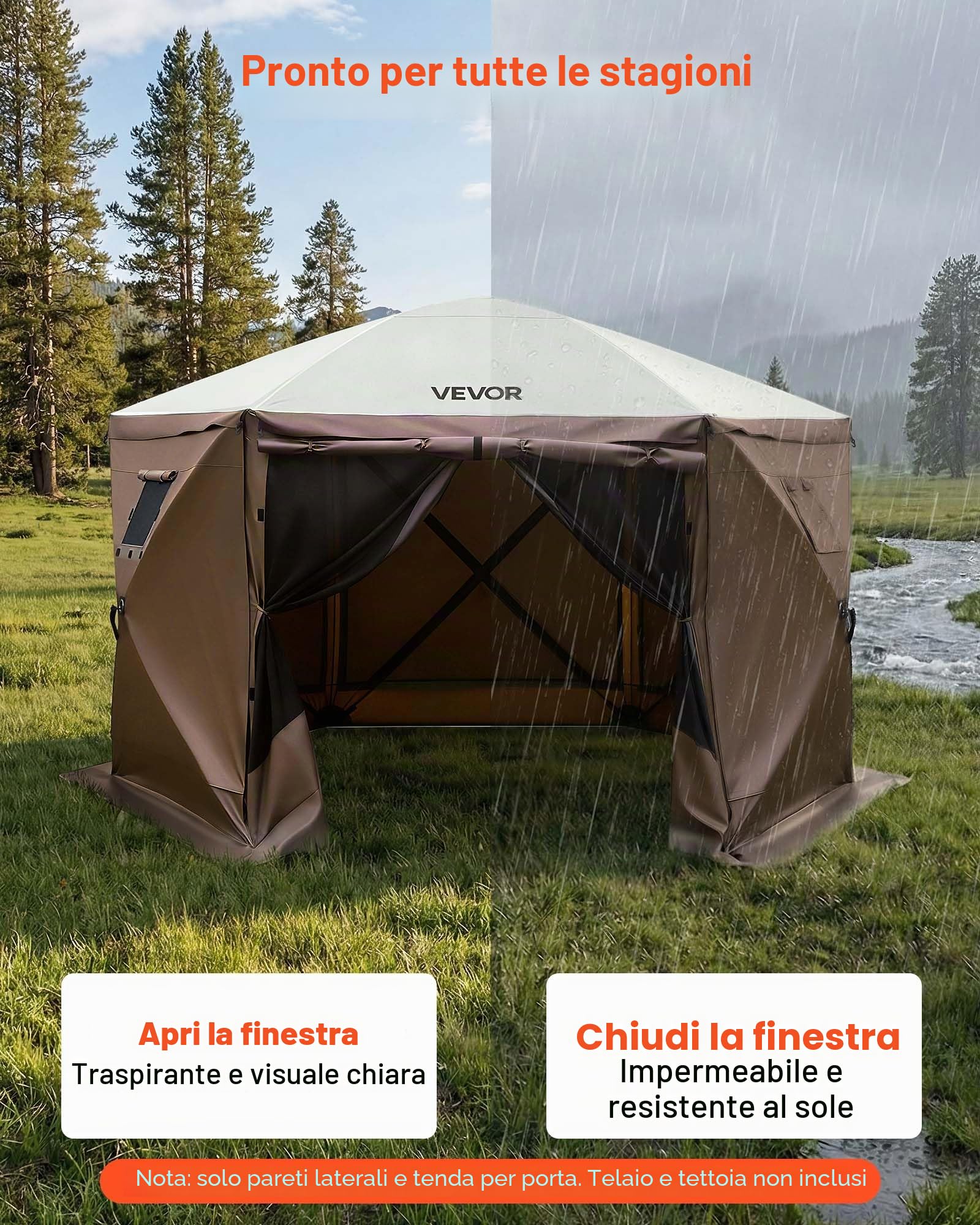 VEVOR Pannelli Laterali per Gazebo 1,73 x 1,48 m, con Protezione Impermeabile e dalla Luce Solare, 1 Porta con Cerniera e 2 Finestre, per Eventi all'Aperto, Solo 6 Pareti Laterali, Marrone