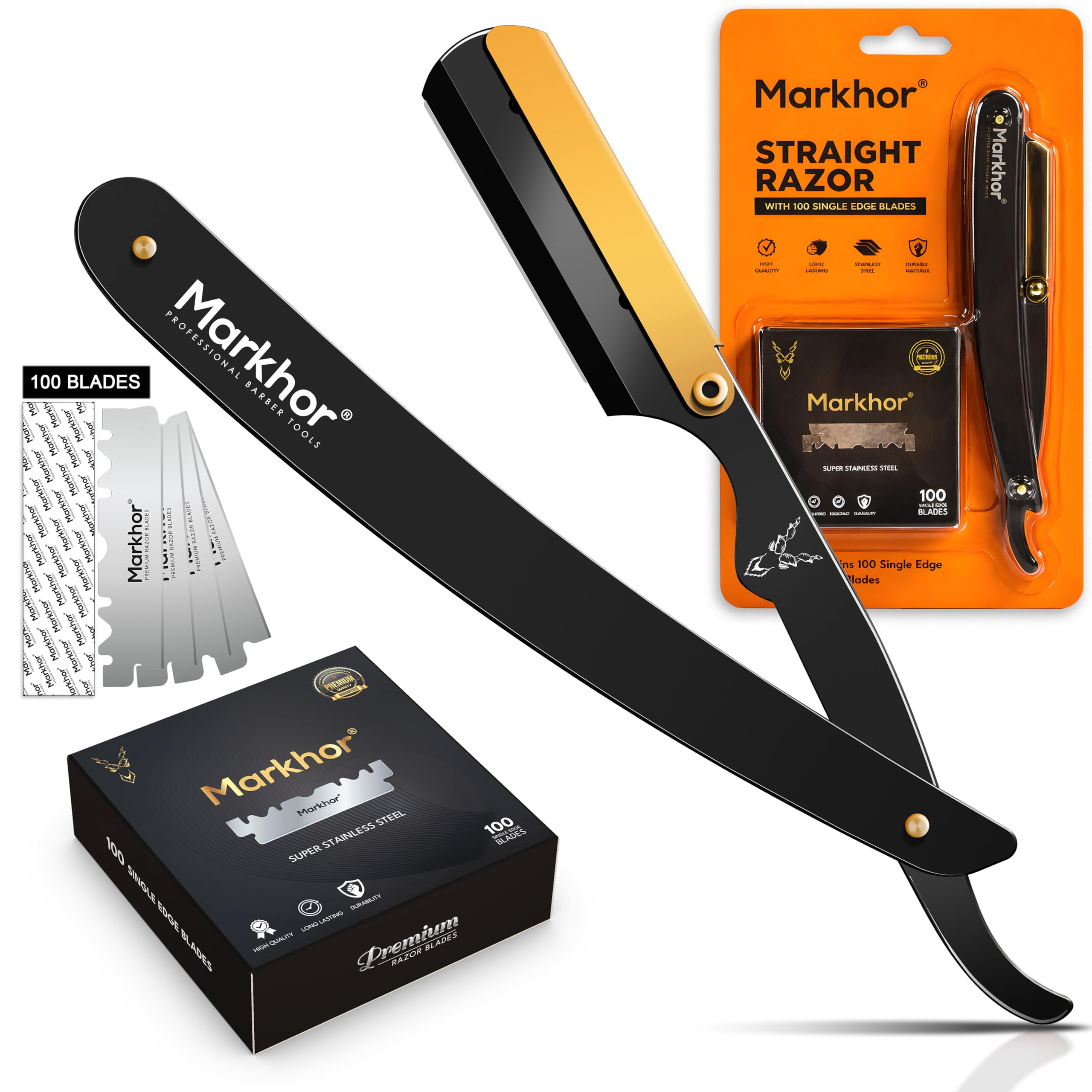 MARKHOR Professional Razor for Men with 100 Razor Blades, Matte Black with 24K Gold Plated, Classic Barber Razor Kit, Premium Beard Kit