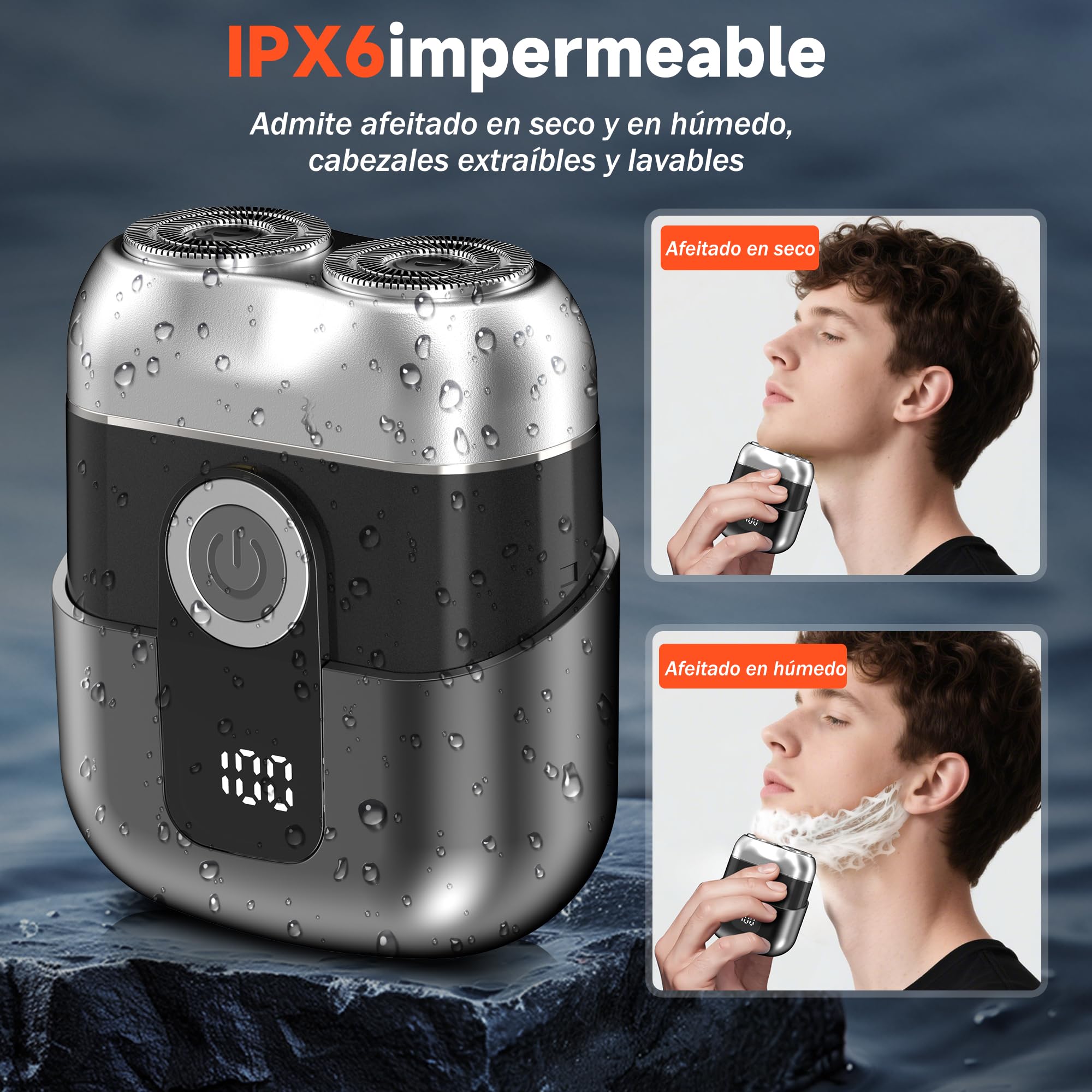 Mini Afeitadora Electrica para Hombres con Pantalla LED, Impermeable IPX6, Portátil Silenciosa y Lavable, Gris