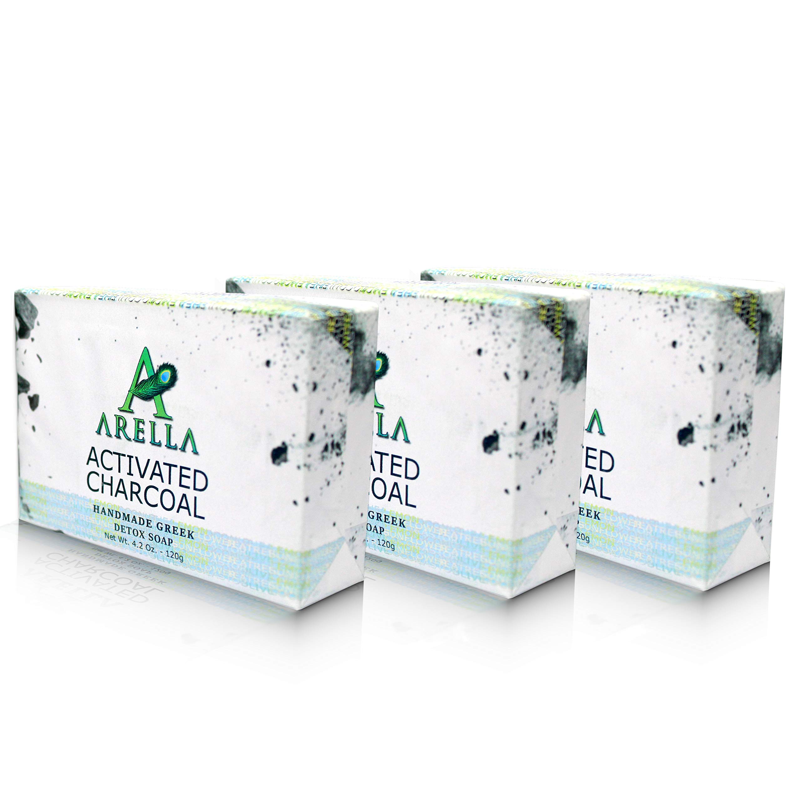Arella Activated Charcoal Soap Bar, Handmade in Greece, good for skin detox, 4.2 Oz (3 Bars)