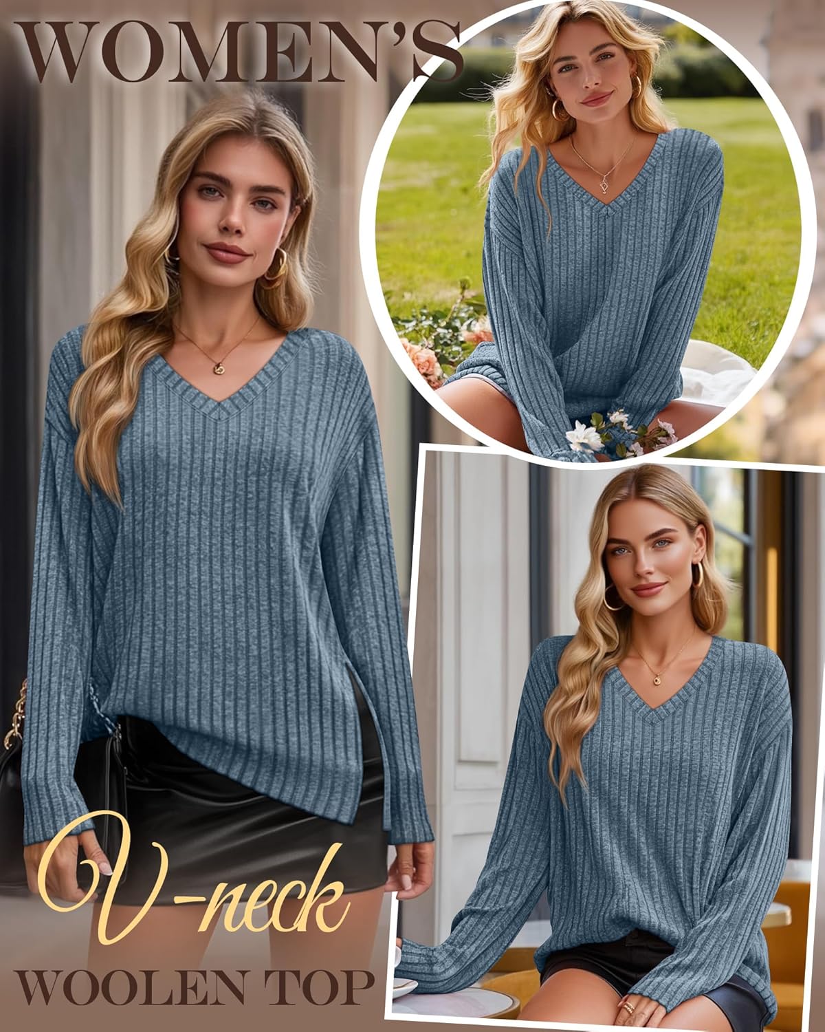 Women's Long Sleeve Sweater, V Neck Oversized Side Split Casual Top Loose Fit Lightweight Knit Pullover Sweaters - Image 2