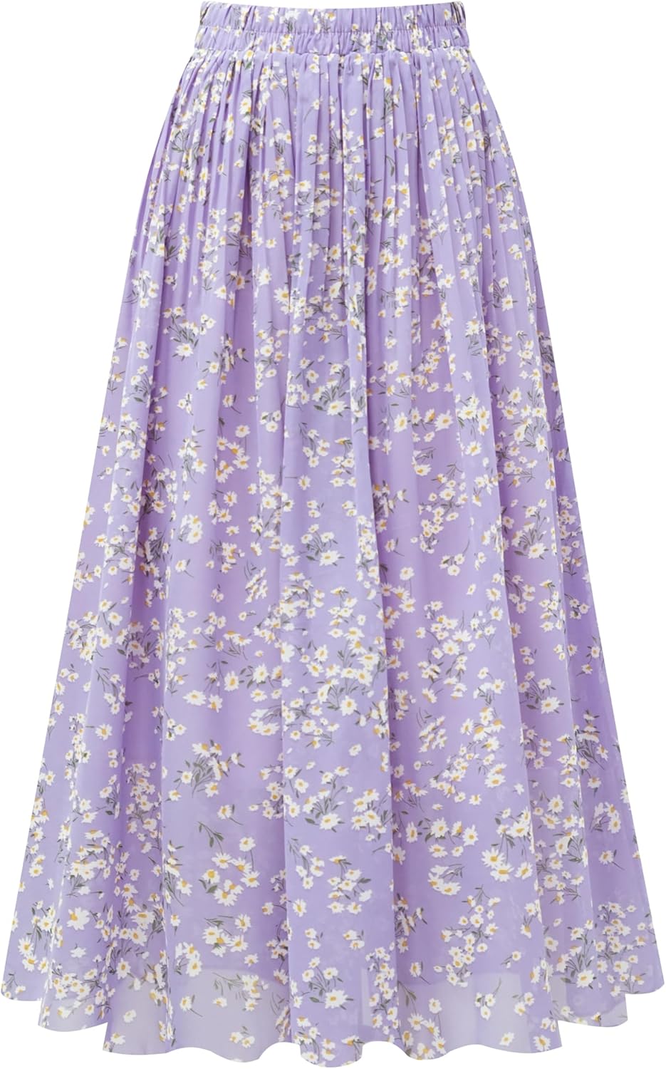 womens pleated chiffon skirt, elastic waist, a-line midi length