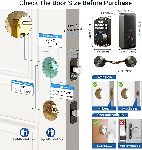 Miniatura 8 de Veise Cerradura de puerta de huellas dactilares con 2 perillas de puerta y cerradura de puerta de huellas dactilares Veise con 2 palancas de puerta,