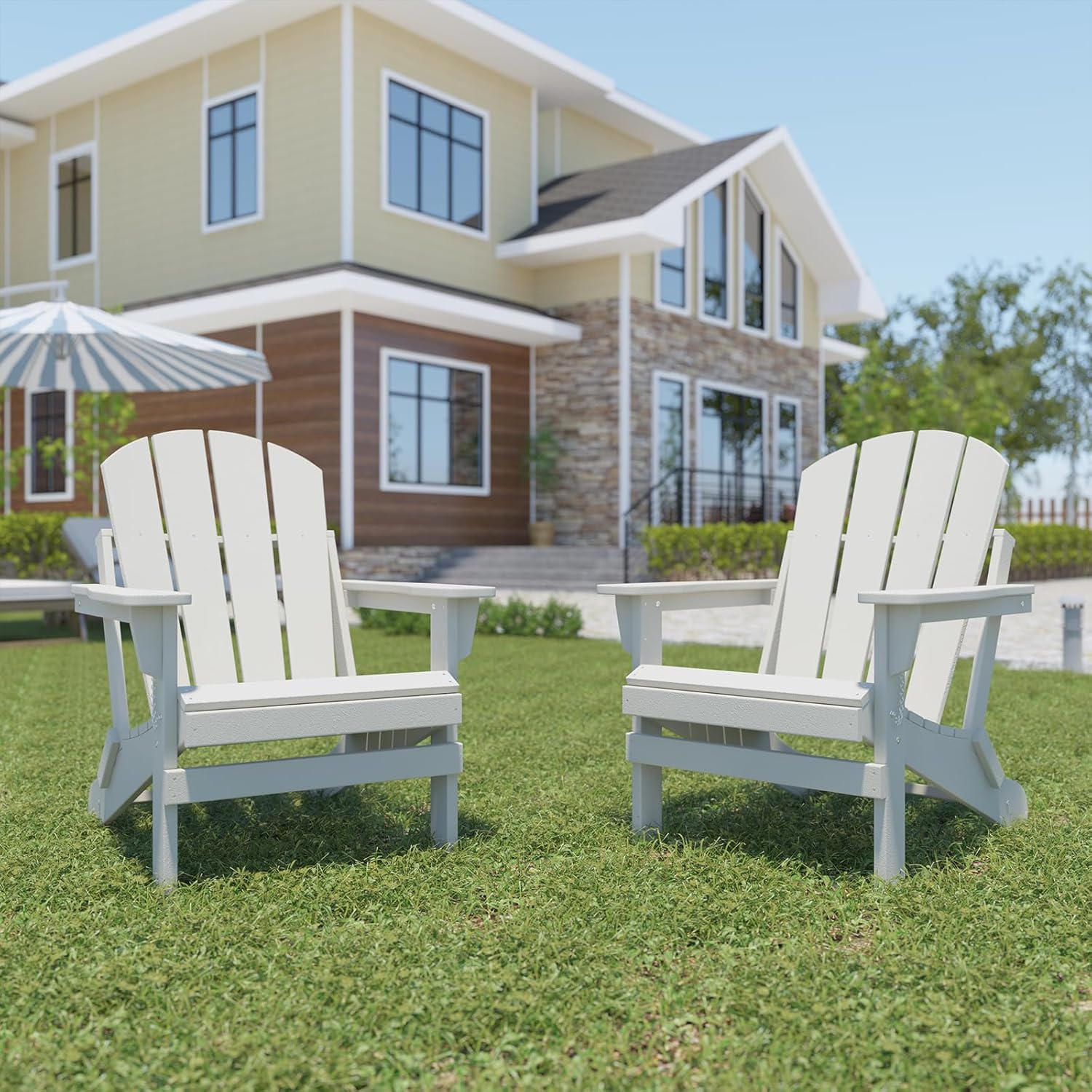 Foldable Plastic Adirondack Chair Patio Chairs, Weather Resistant Deck Chairs, HDPE Classic Adirondack Chairs Like Real Wood, Widely Used in Outdoor, Garden, Backyard Deck, Lawn, Fire Pit (White)