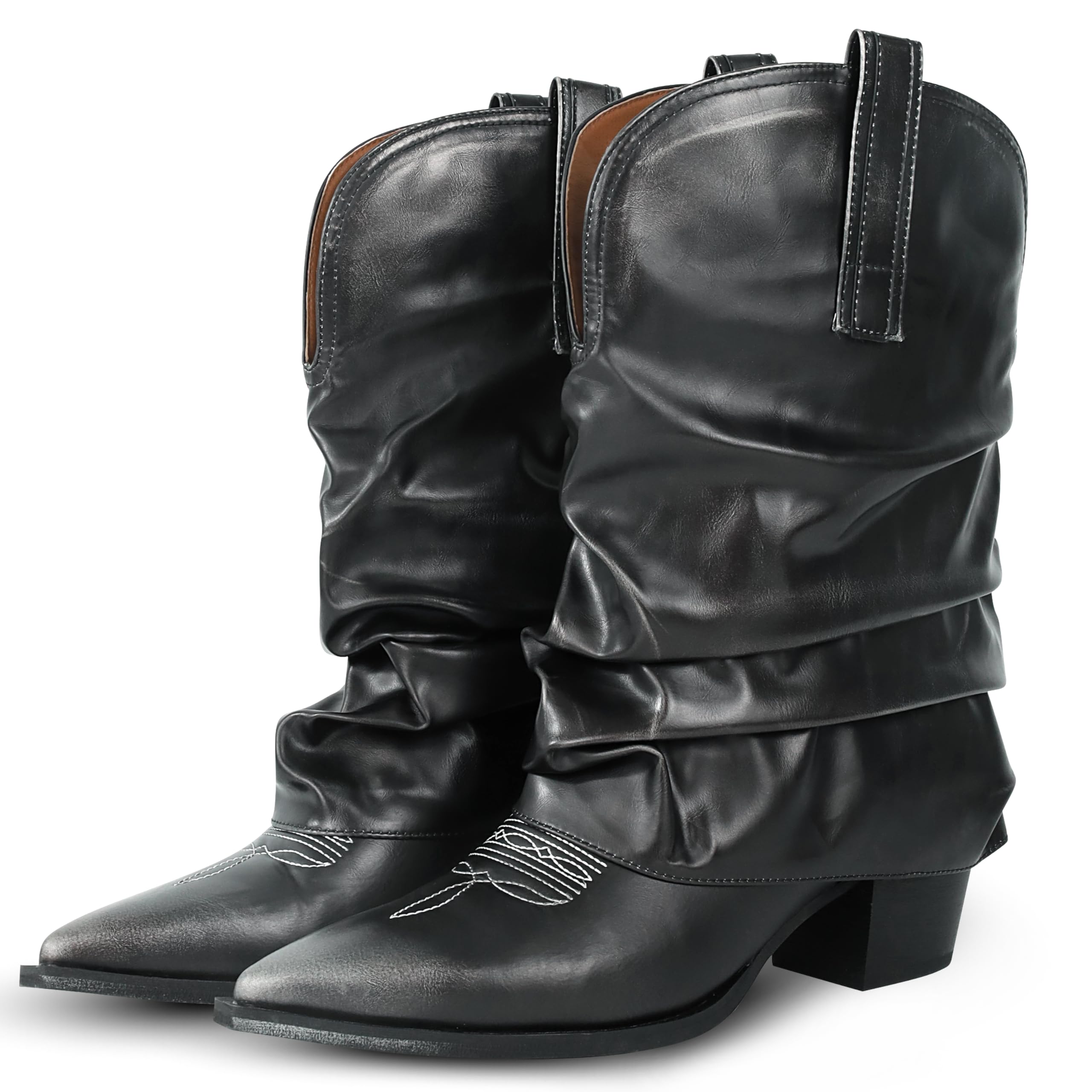 Fold Over Cowboy Boots for Women Mid-calf Cowgirl Boots with Pointed Toe Chunky Heel Slouchy Western Short Ankle