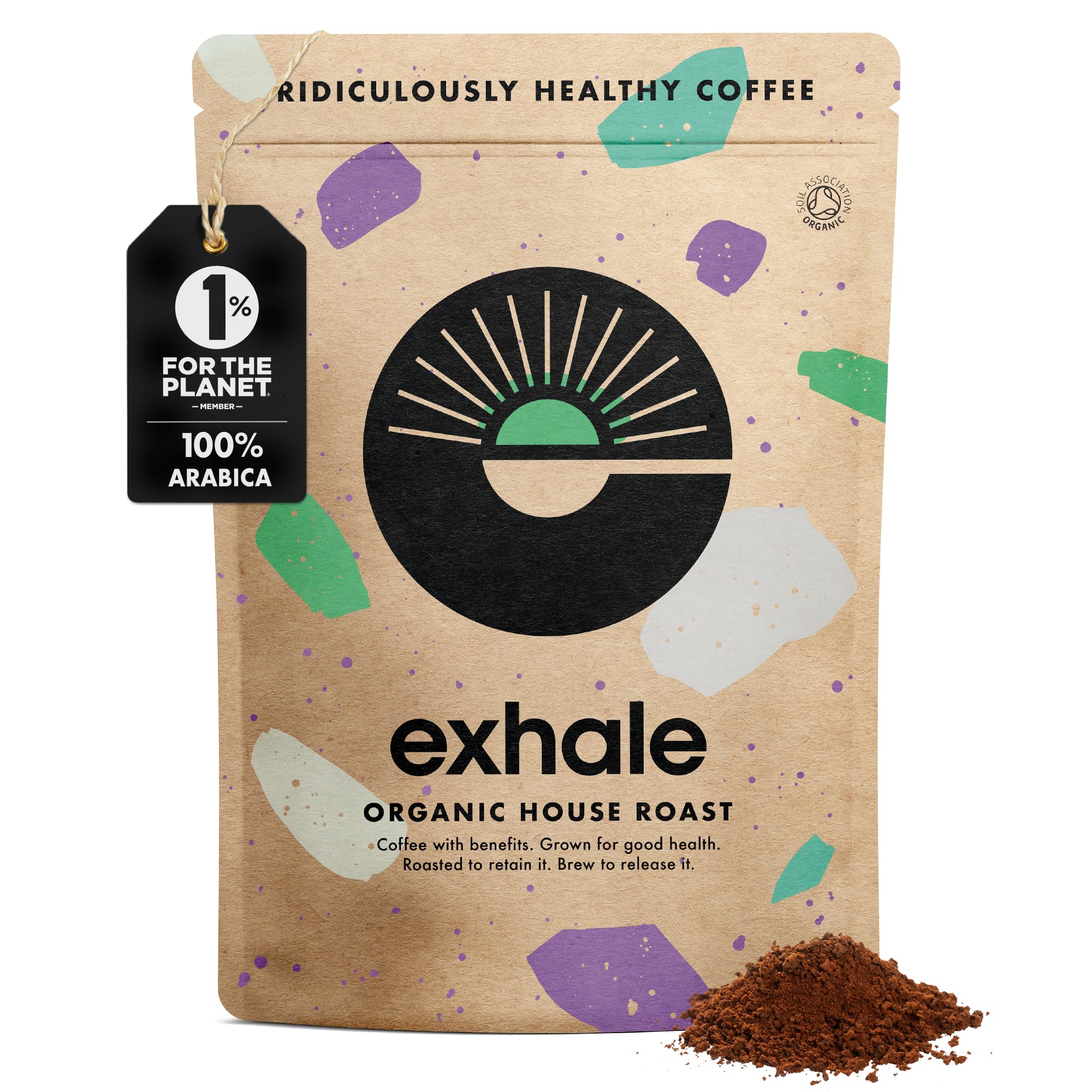 EXHALE Organiczna kawa mielona - Nowe duże opakowanie 450 g - Proste pochodzenie i 100% ziarna arabskie. Do Cafetiere, Filtry lub AeroPress - Średnia palona