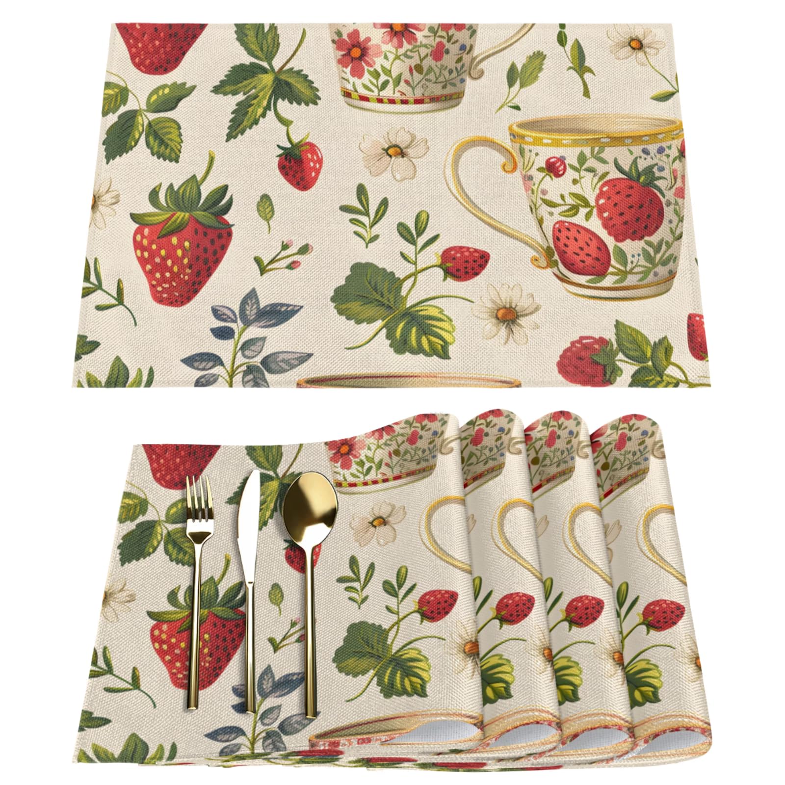 Vintage Strawberry Heat-Resistant Placemats Set of 4, Non-Slip Table Mats for Dining, Washable Polyester Linen Place Mats for Wedding, Party, Home