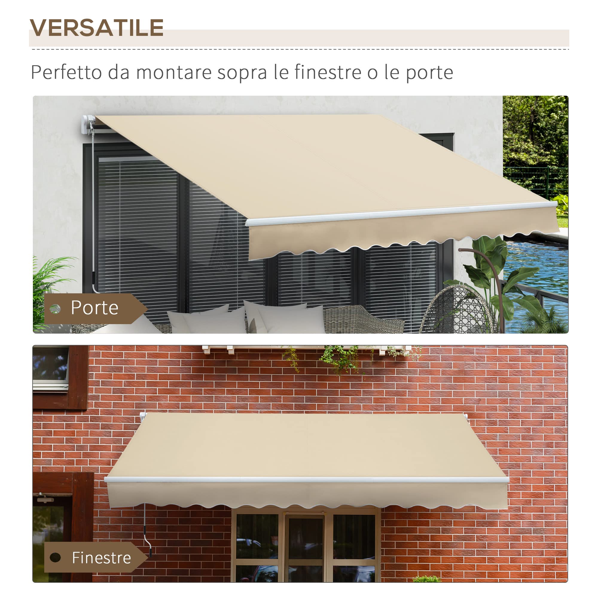 Outsunny Tenda da Sole per Esterno Avvolgibile 3.6x2.5 m, Tenda da Sole a Bracci Estensibili Parasole Protezione UV Impermeabile per Porte e Finestre con Apertura a Manovella, Crema