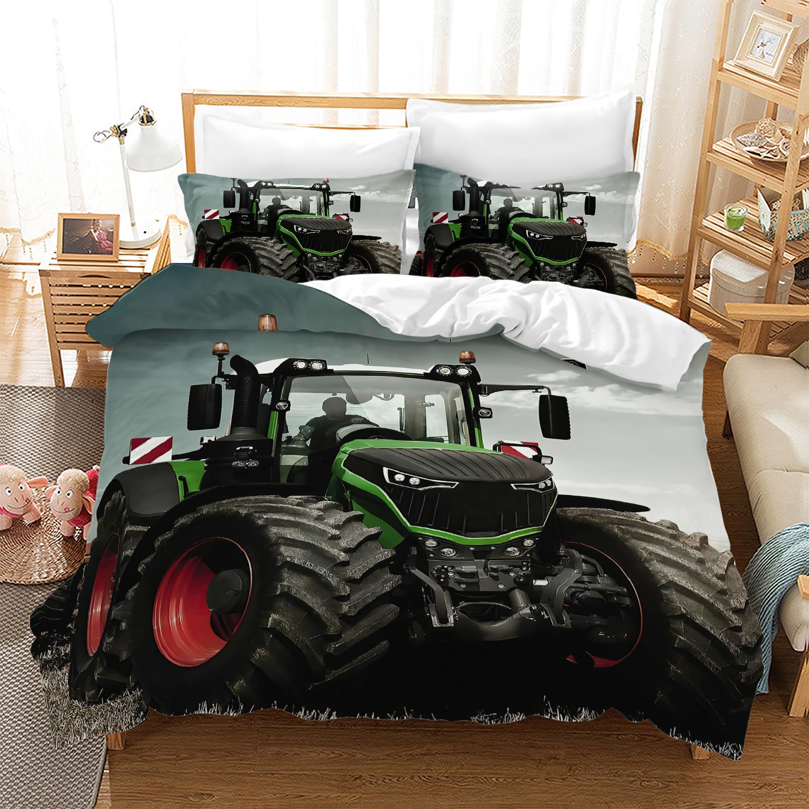 MIQEBX Grey Tractor Duvet Cover Bedding Set Car Digger Tractor Duvet Cover with Zipper + 2 Pillowcases 50x75 cm (Grey Tractor, Single)