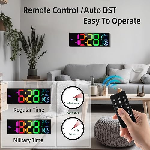 Miniatura 3 de Reloj de pared digital de 8 colores, reloj digital grande de 16.2 pulgadas con temperatura, fecha, DST automático, luz nocturna, atenuador de brillo