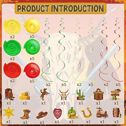 Miniatura 4 de 36 piezas temáticas de vaquero occidental, decoración de cumpleaños con remolinos salvajes occidentales, suministros para decoración de techo de