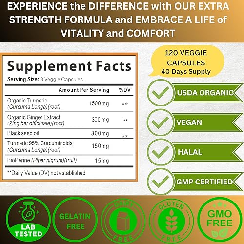 Miniatura 8 de World 1st.Aceite de cúrcuma Curcumina de jengibre y semillas negras, 240 cápsulas, 2250 mg, 95% curcuminoides, BioPerin añadido, extra fuerza,