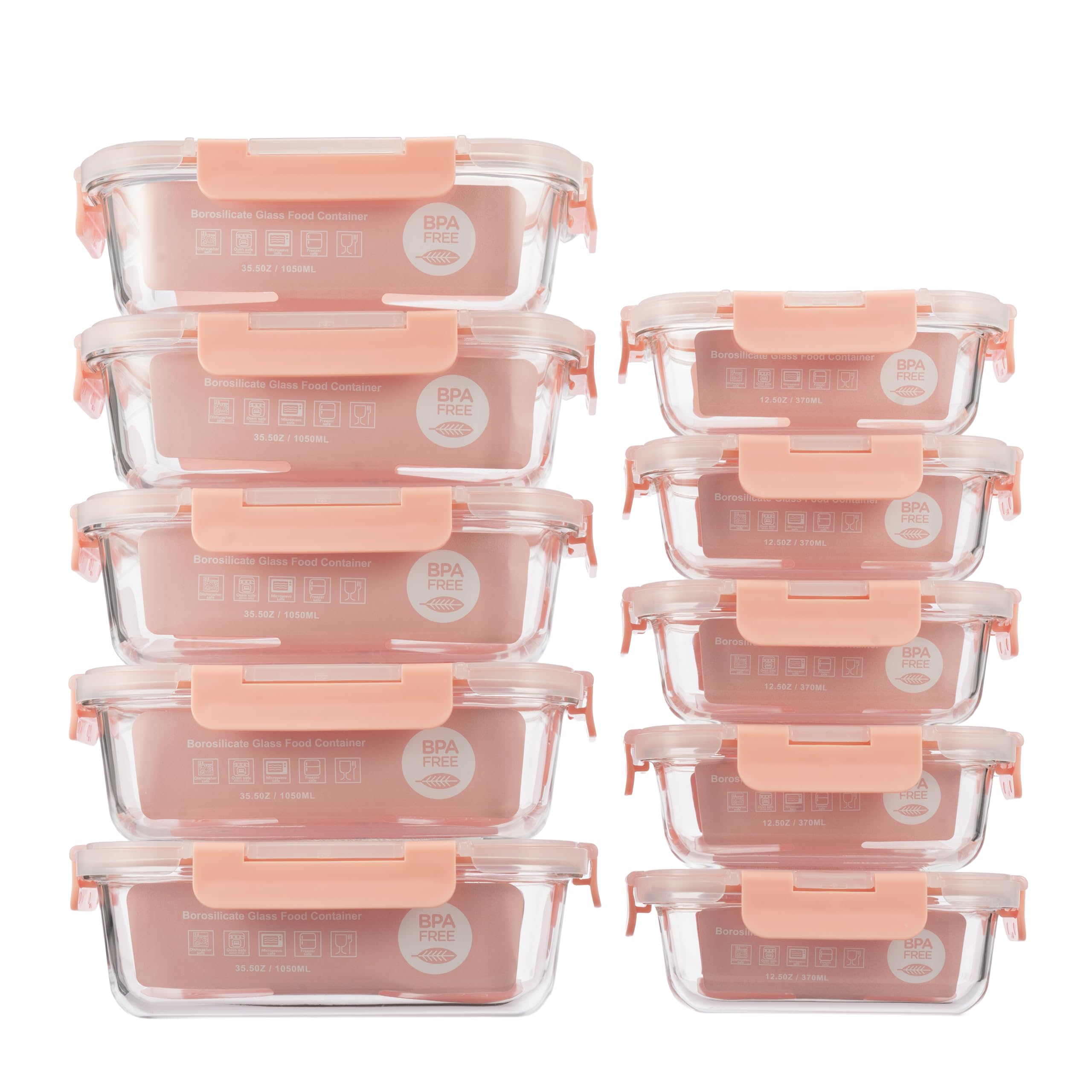 Glas-Frischhaltedosen Set, meal prep boxen,Glasbehälter mit deckel,Lebensmittelbehälter Brotdosen Lunchbox Spülmaschinenfest, Mikrowellen & Gefrierschrankgeeignet, Auslaufsicher(5x1050ml+5x370ml)