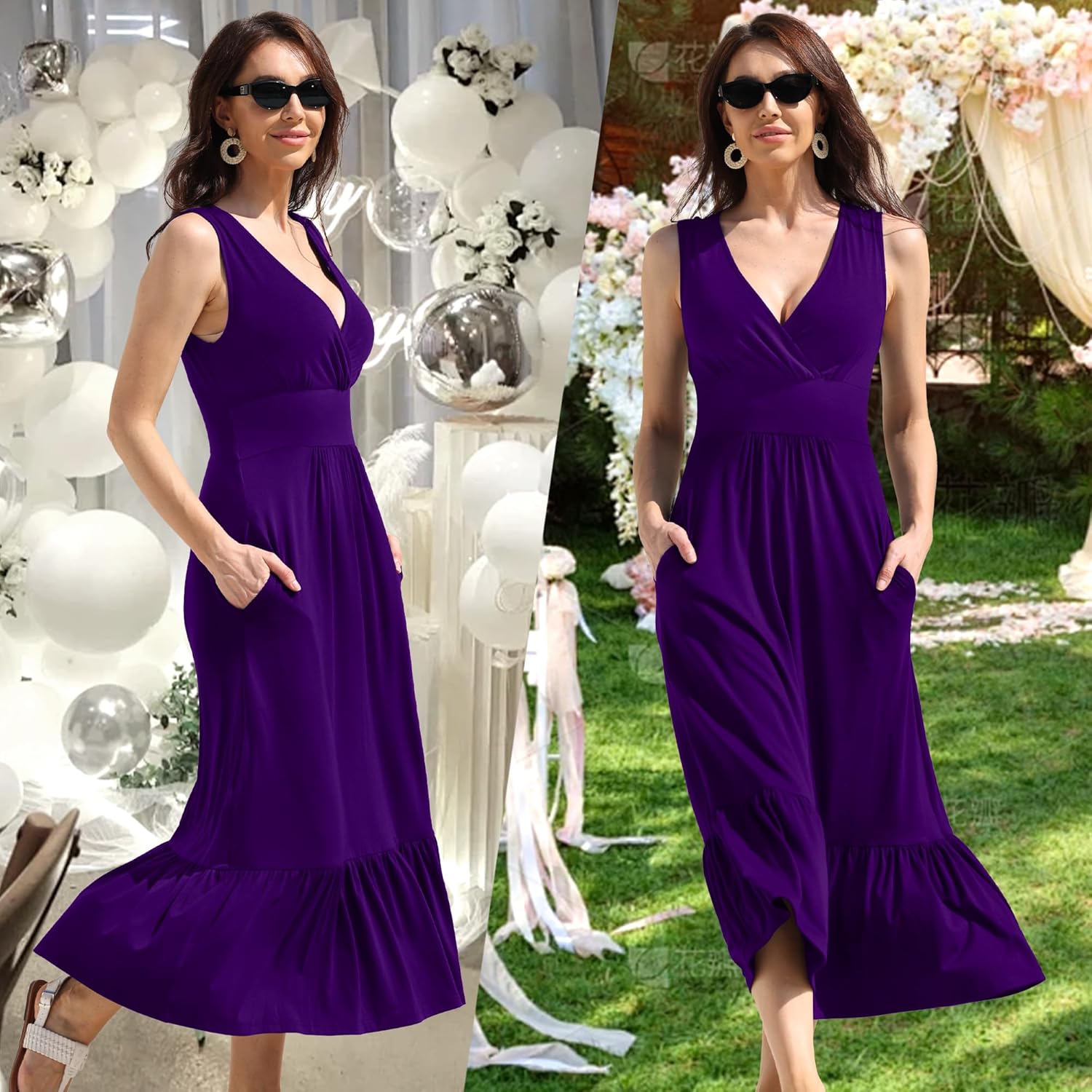 Womens Summer V Neck Dress Empire Waist Maxi Wedding Guest Cocktail Dresses Ruffle Hem A-Line Flowy Long Formal Outfits - Image 2