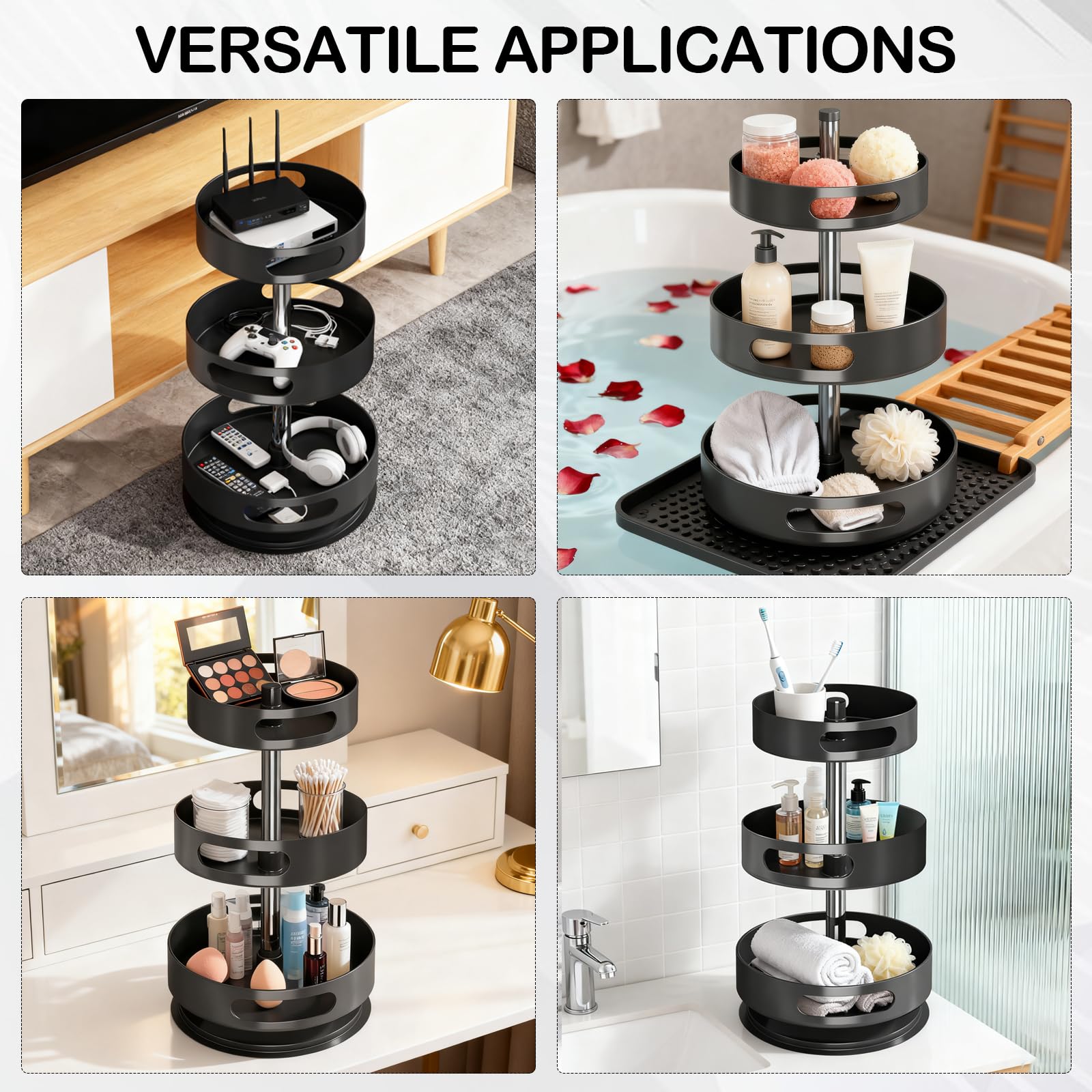 Portaspezie Girevole a 3 Livelli, Organizzatore Spezie in Metallo Lazy Susan per Armadietti, Porta Spezie Girevole per Cucina, Organizer Regolabile in Altezza per Cosmetici Bagno