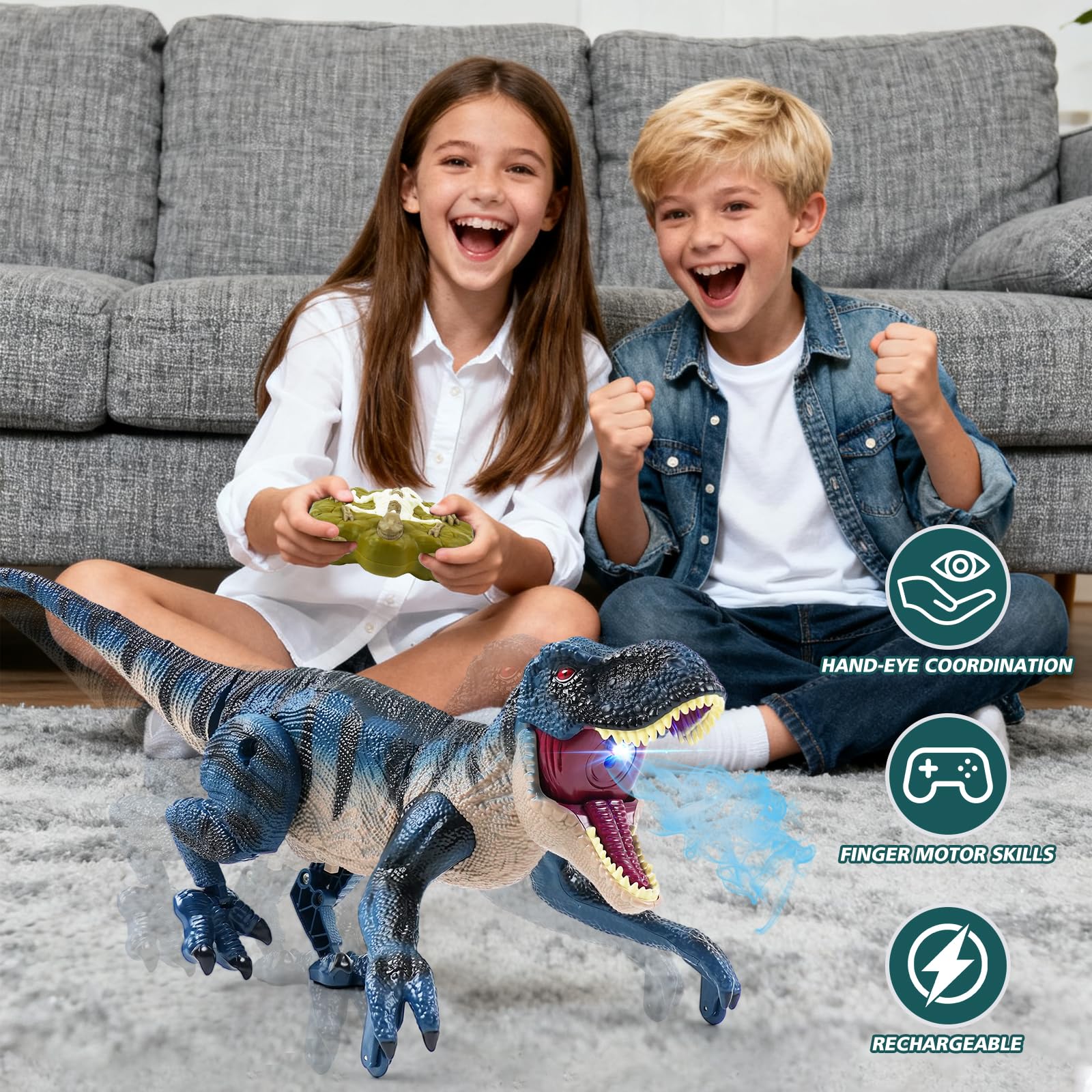 2.4GHz Remote Control Walking Dinosaur Toy for Kids - Birthday Gifts for Boys Ages 3-5 5-7 8-12, Interactive Dino with Roaring Sound, Cool Lights & Mist Spray