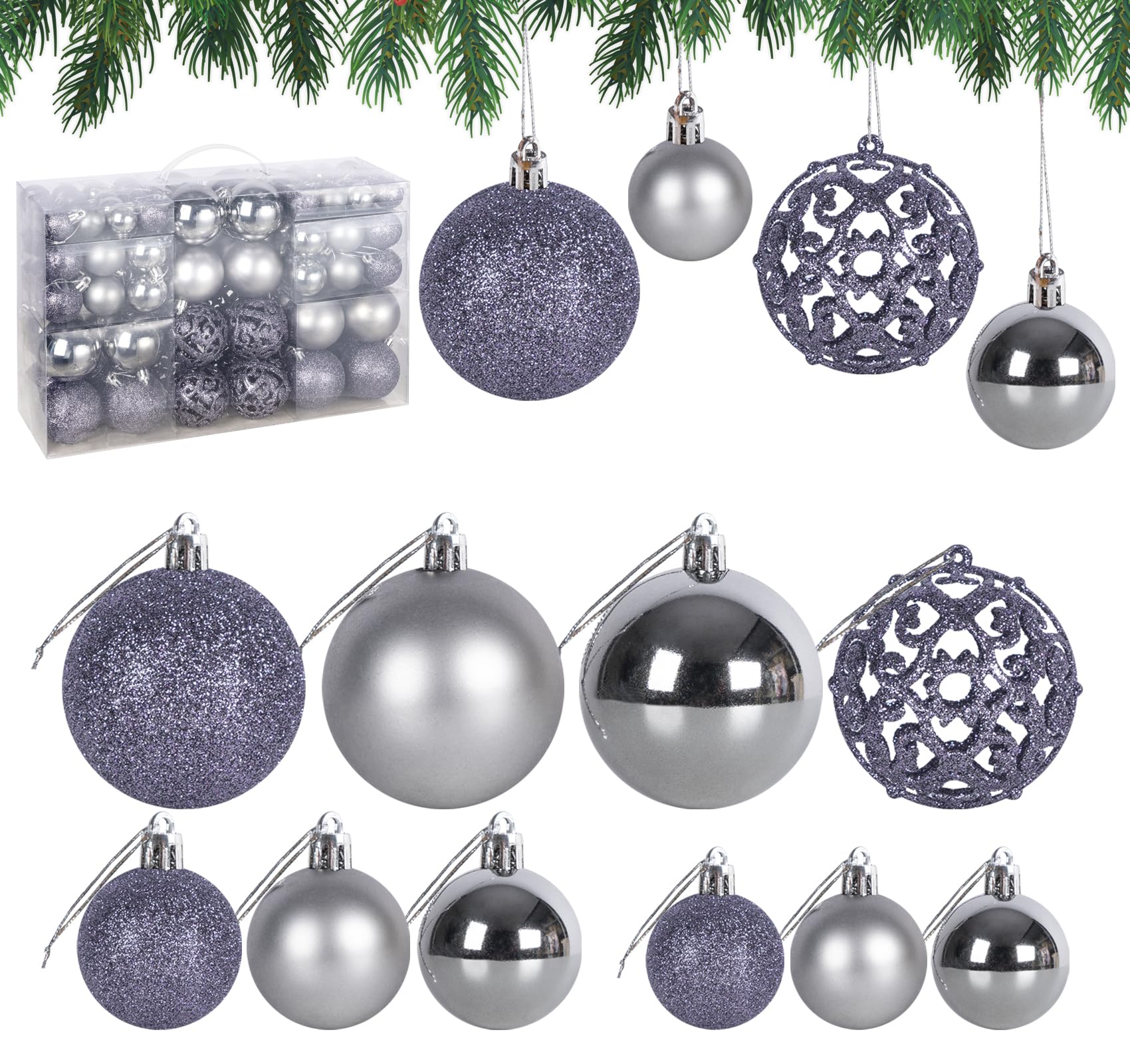 New Year Decoration,Christmas Ornaments Ball Set -100 Pcs Shatterproof Gray and Silver Christmas Ornaments for Christmas Tree Decorations,Xmas Tree,Holiday,Wedding,New Years Party