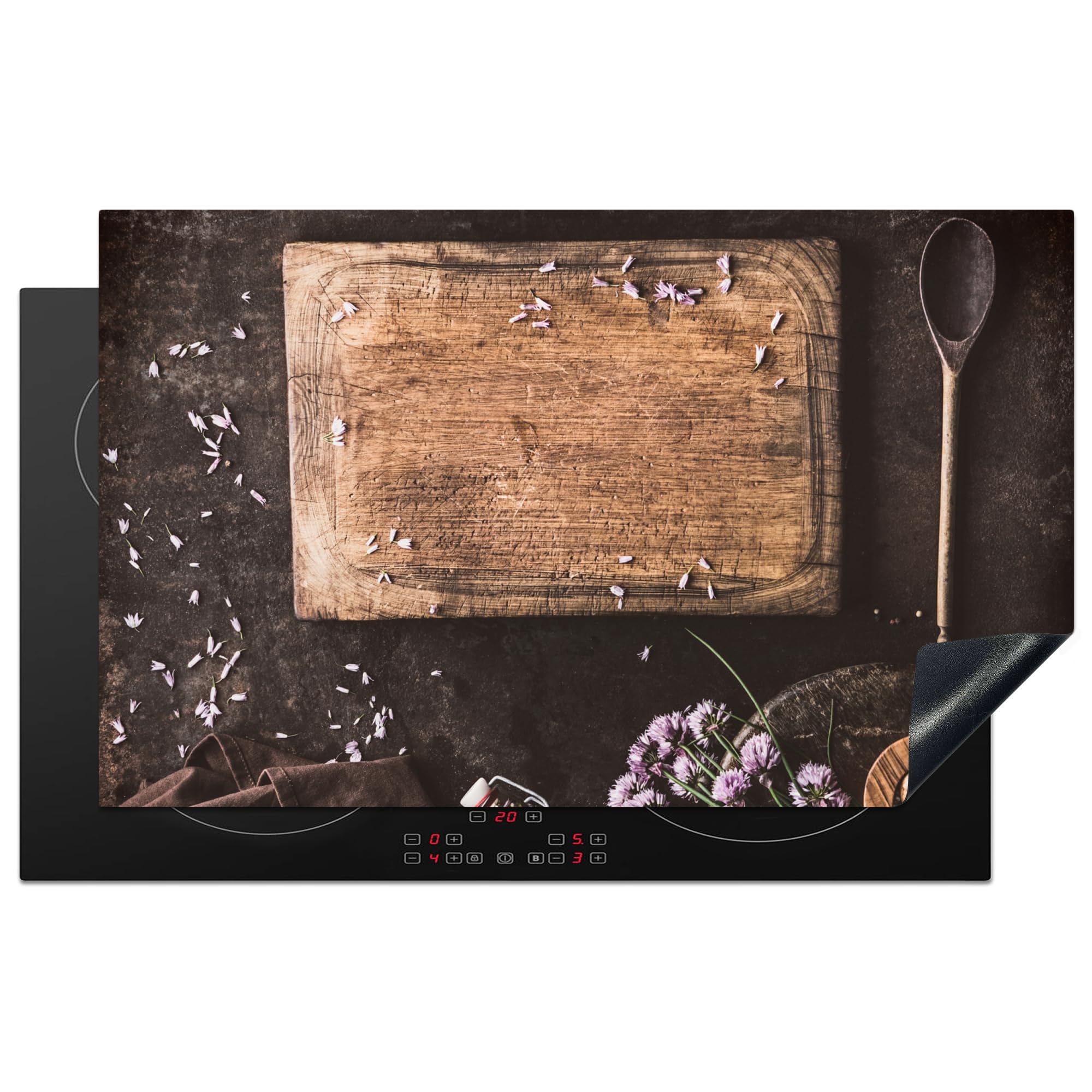 KitchenYeah© Induction Hob Protector Mat 20.5"x33.5" / 85x52 cm Cooker Top Protectors Cover Ceramic Covers Electric Hobs Vinyl Cutting Board - Spices - Spoon - Kitchen - Rustic — image 1