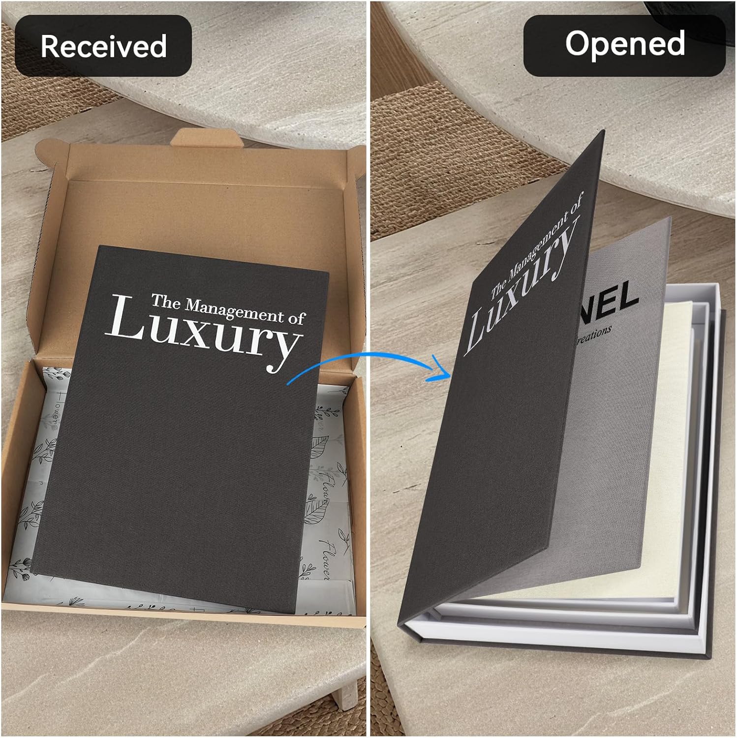 Aesthetic Decorative Books -Set of 3 Minimalist Linen Hardcover Faux/Fake Books for Coffee Table Home Decor Living Room Decoration, Photo Storage or as a Keepsake Box(Black-gray-beige-luxury) - Image 6