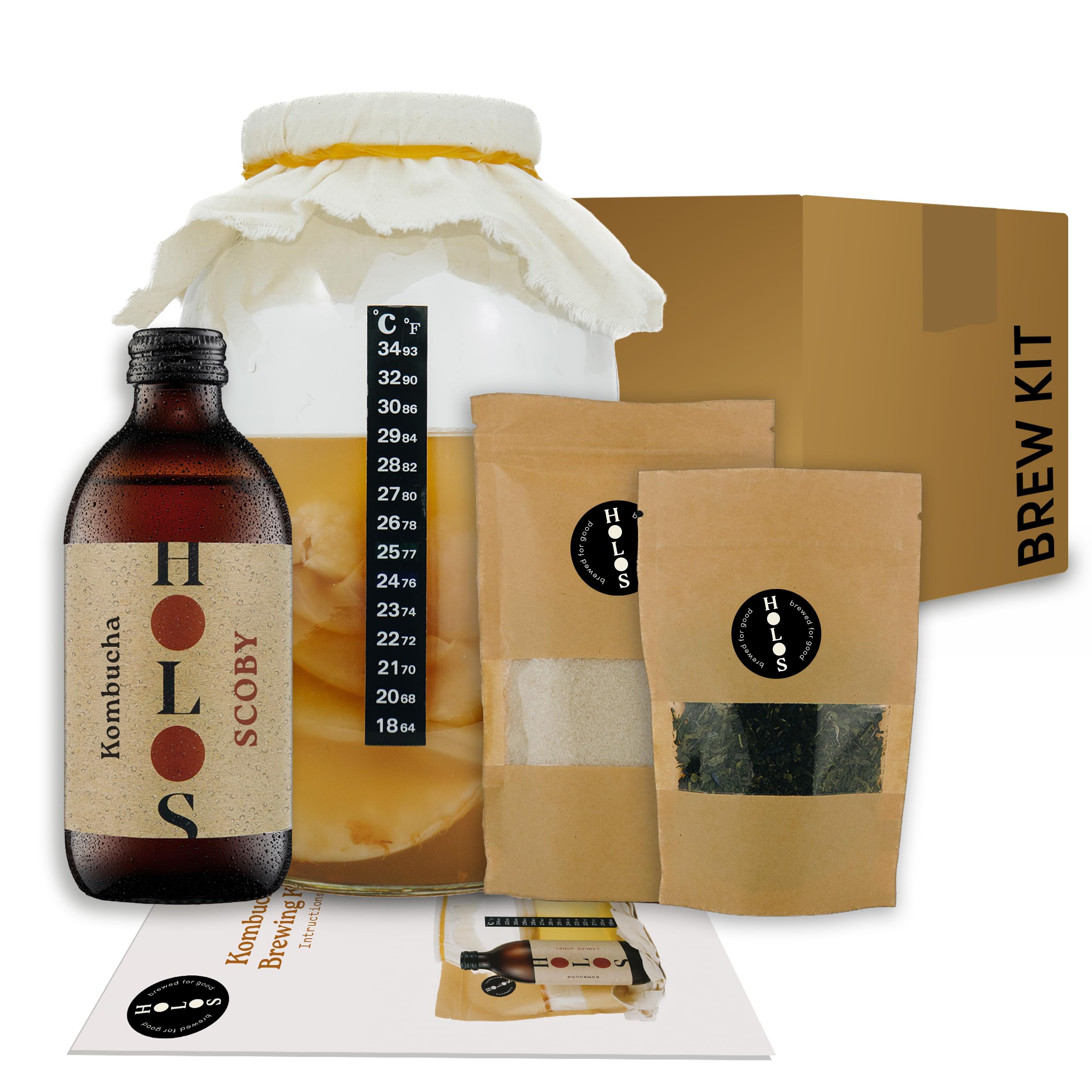 Kombucha Starter Kit - Home Brew Kit with Liquid SCOBY Kombucha Starter - HOLOS Signature Tea, Sugar and SCOBY Pack for Home Brew - Foodie Gift Ideas