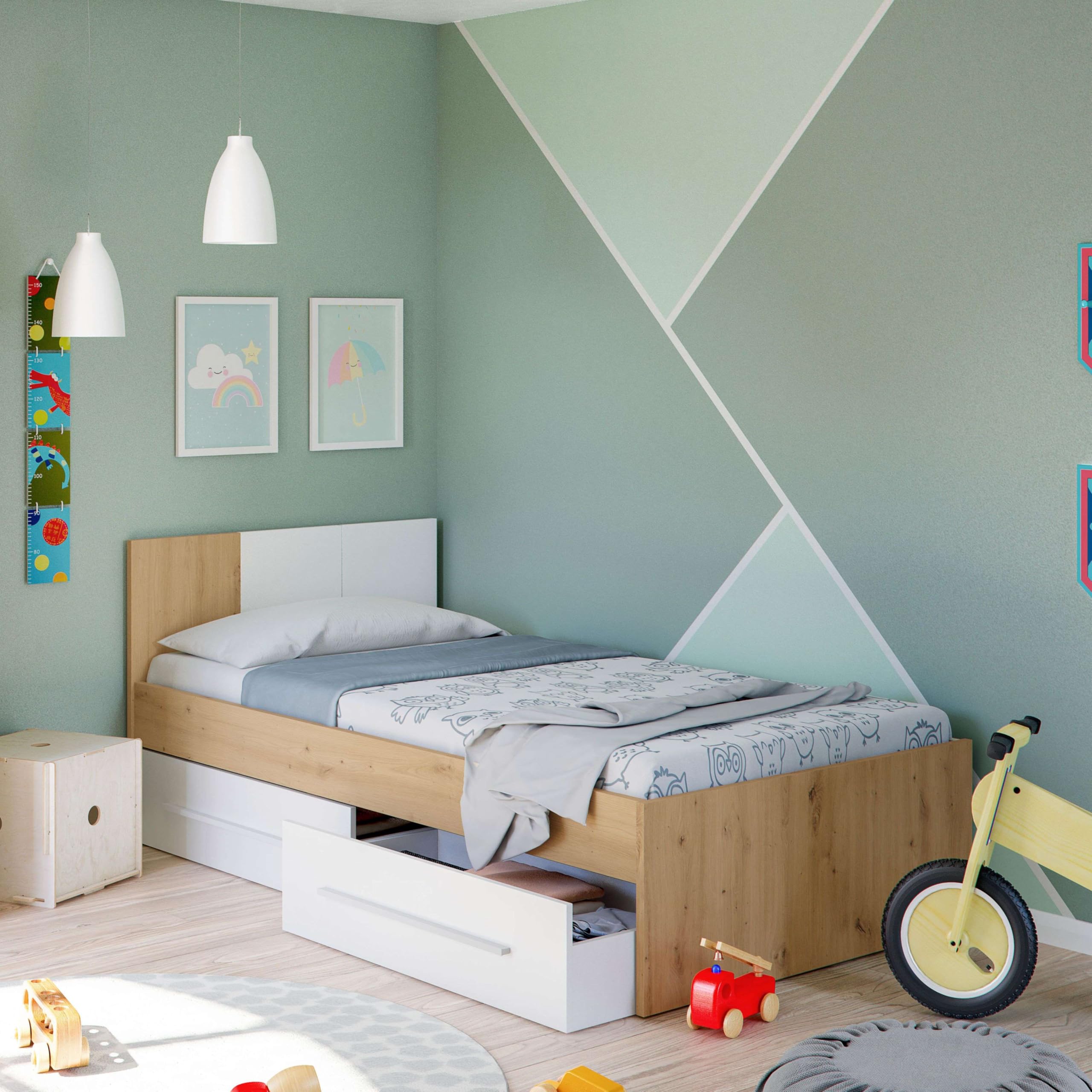 Letto singolo con 2 cassetti, letto giovanile, letto per bambini, modello Noa, finitura in bianco Artik e rovere odi, Dimensioni: 196 cm x 97 cm (larghezza) x 77 cm (larghezza) x 77 cm (altezza)