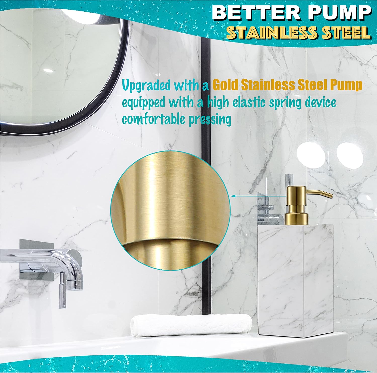 LAGOM HOUSE Marble Soap Dispenser, White Italian Natural Stone Marble Liquid Hand Soap Dispenser Decorative Bottle for Kitchen Bathroom Countertop Gold Stainless Steel Lotion Pump Dispenser - Image 3